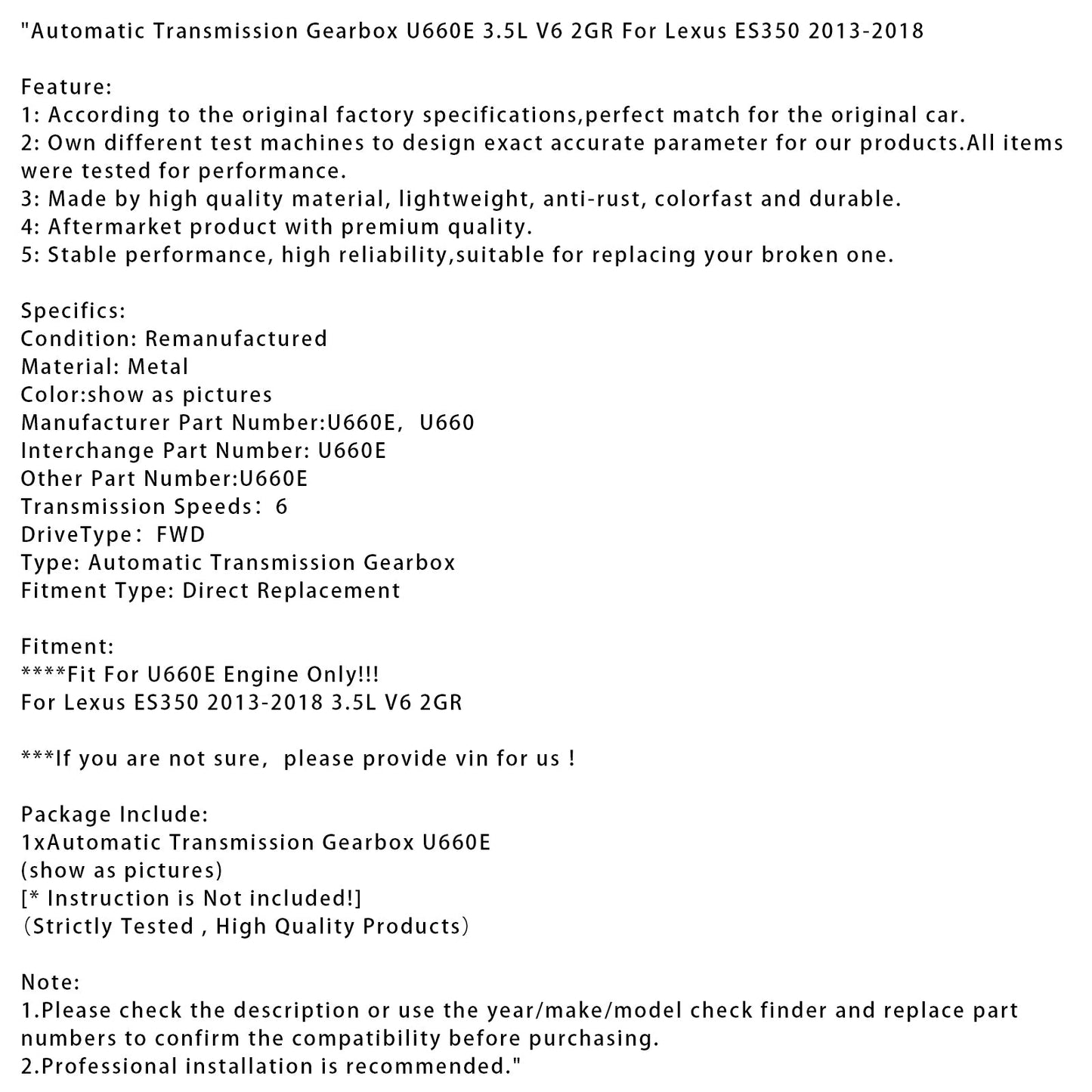 Cambio automatico Lexus ES350 2013-2018 U660E 3.5L V6 2GR