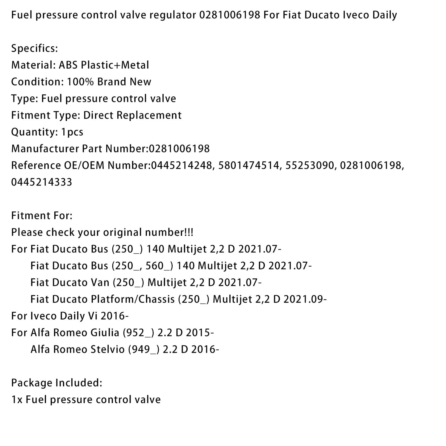 Regolatore della valvola di controllo della pressione del carburante Alfa Romeo Stelvio (949_) 2.2 D dal 2016 in poi 0281006198 0445214248