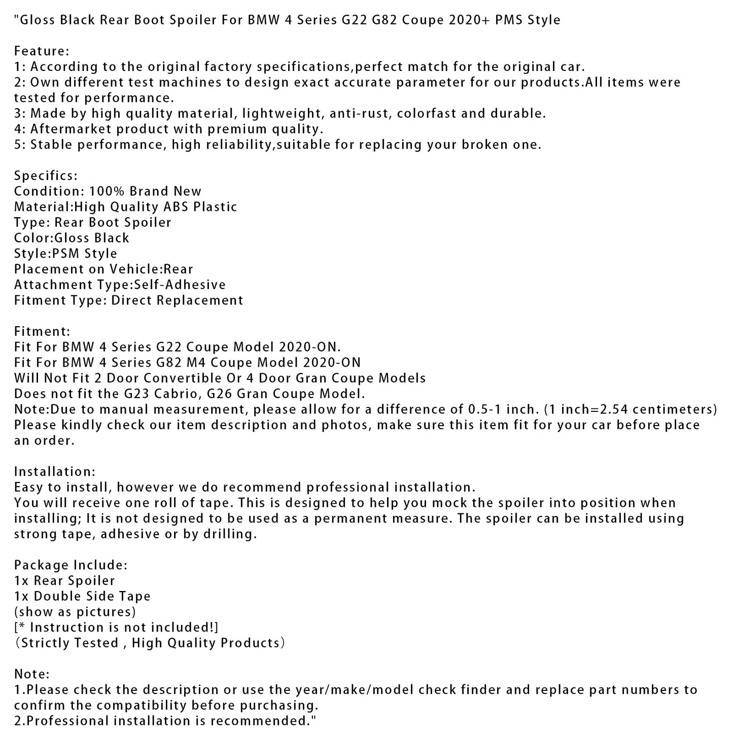 Spoiler posteriore per bagagliaio nero lucido BMW Serie 4 G22 G82 Coupé 2020+ PMS Style