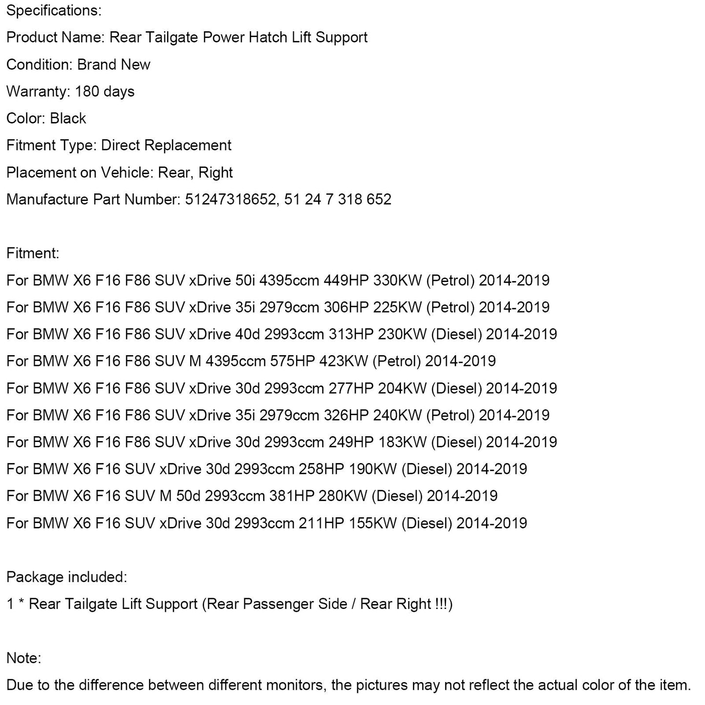 Supporto di sollevamento elettrico del portellone posteriore destro BMW X6 F16 SUV xDrive 30d 2014-2019 2993ccm 258HP 190KW (Diesel) 51247318652