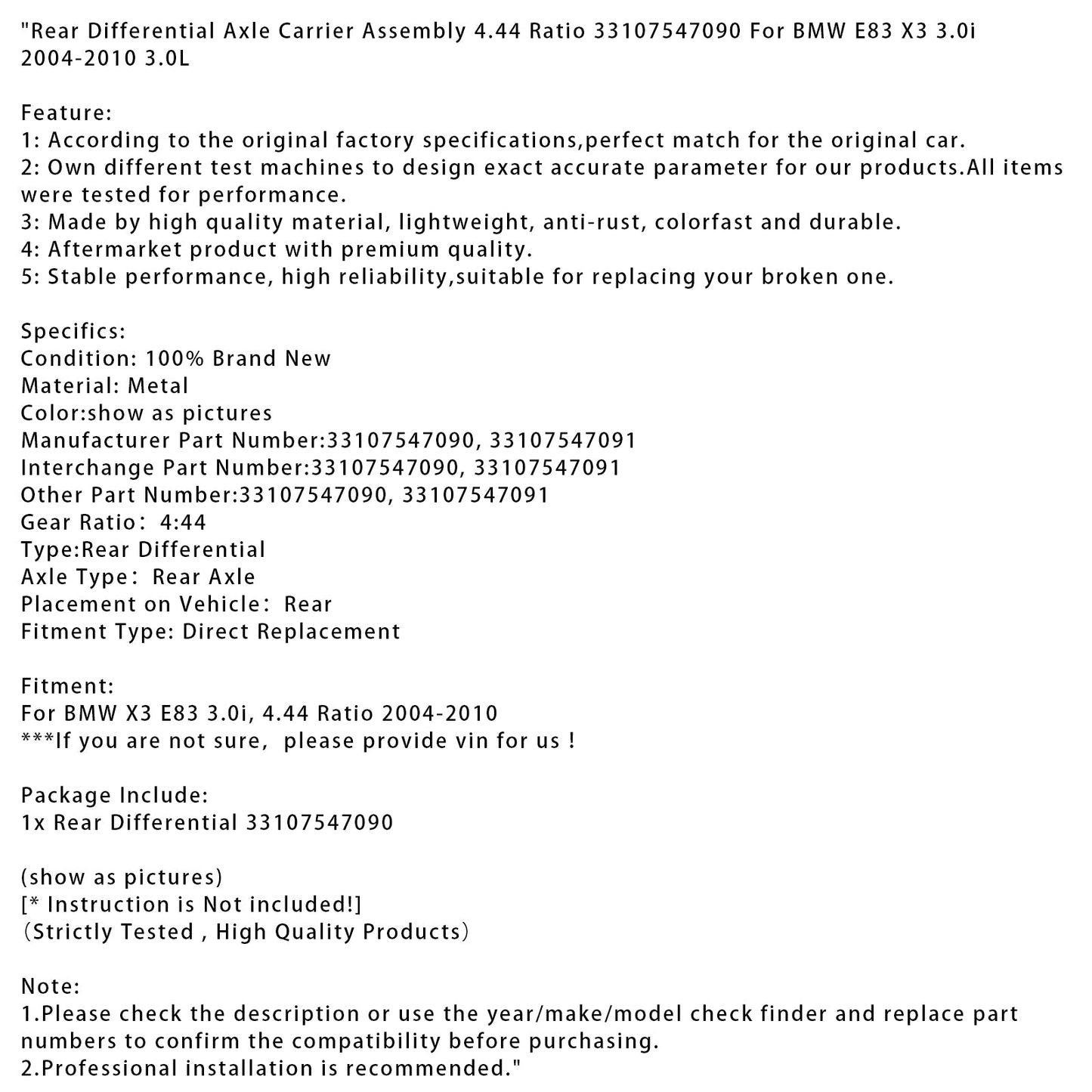 Supporto assale differenziale posteriore BMW E83 X3 3.0i 2004-2010 rapporto 4,44 33107547090