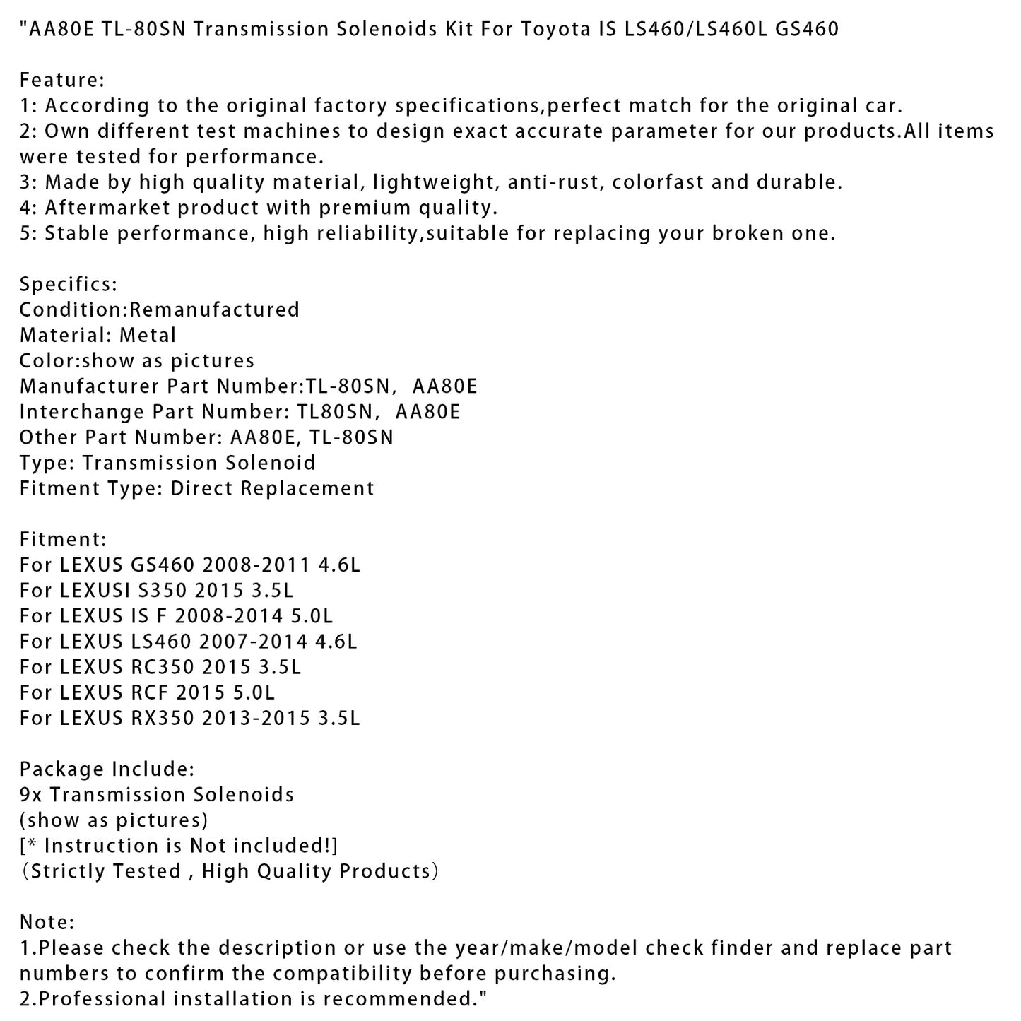 Kit solenoidi trasmissione LEXUS GS460 4.6L AA80E TL-80SN 2008-2011