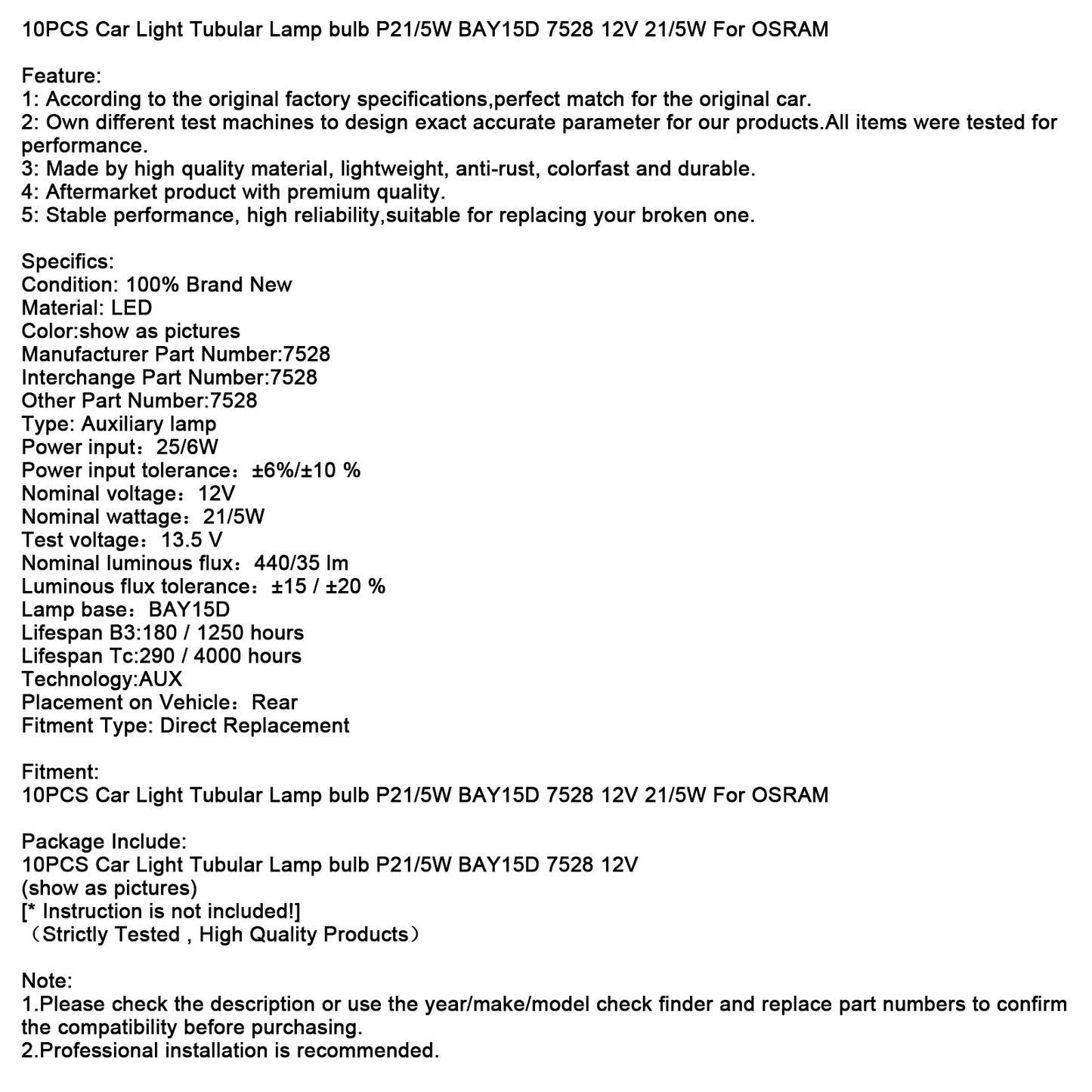 10 lampadine tubolari per auto P21/5W BAY15D 7528 12V 21/5W per OSRAM