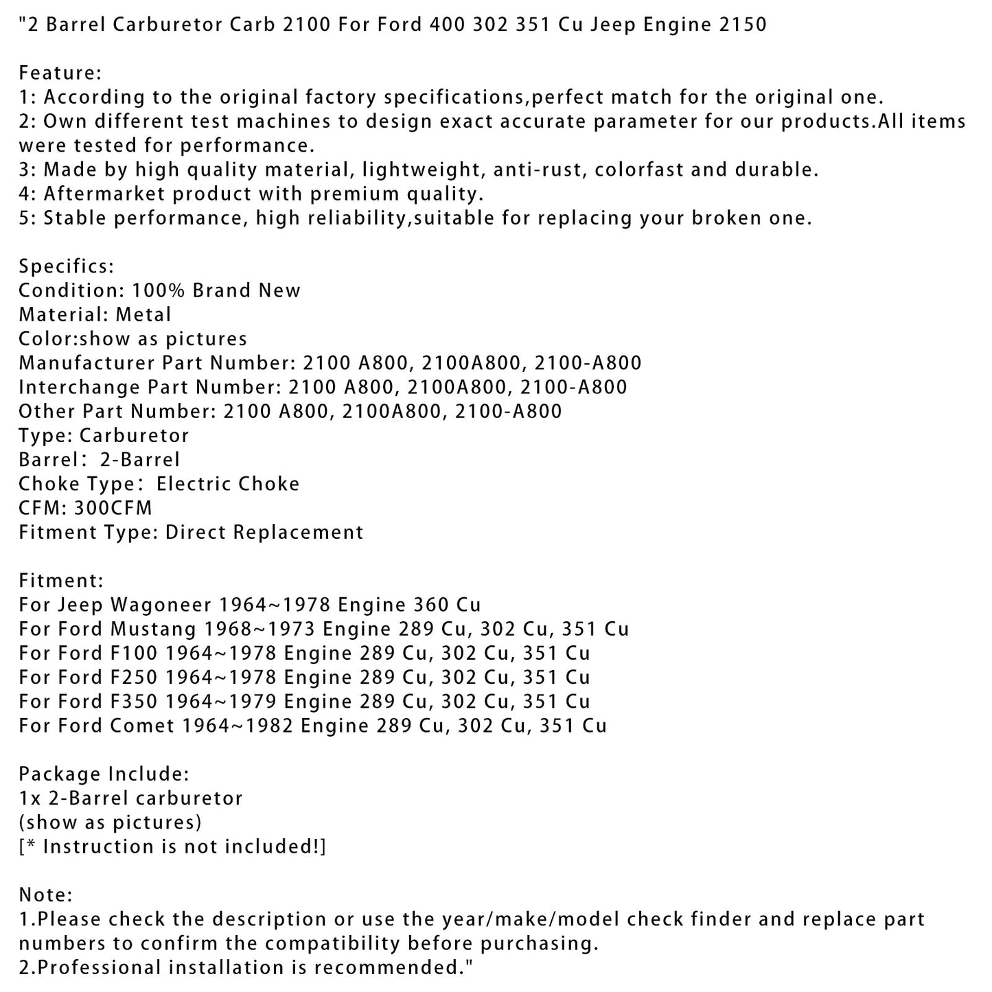 Carburatore a 2 barili Carb 2100 per Ford 400 302 351 Cu Jeep Engine 2150