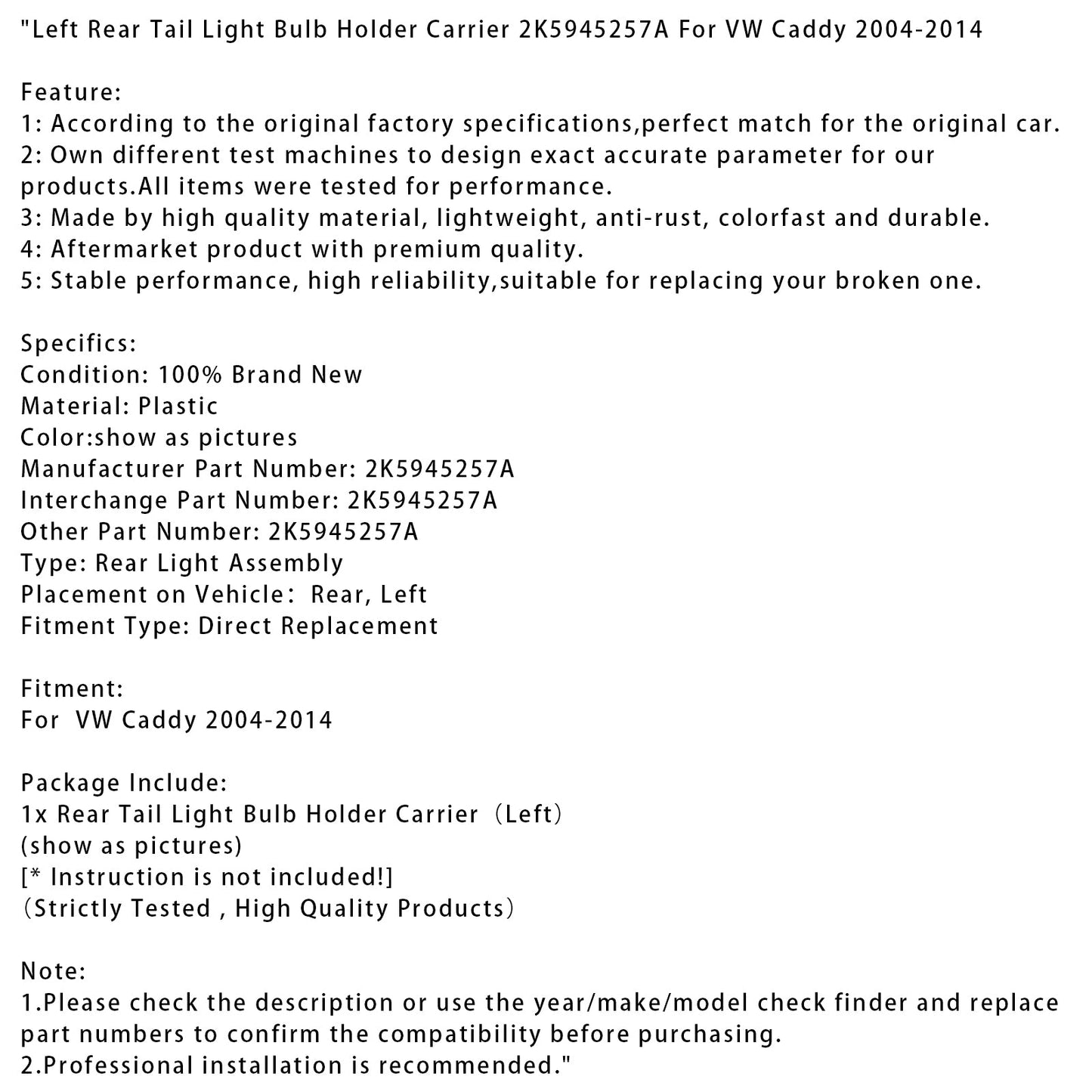 Supporto lampadina fanale posteriore sinistro VW Caddy 2004-2014 2K5945257A