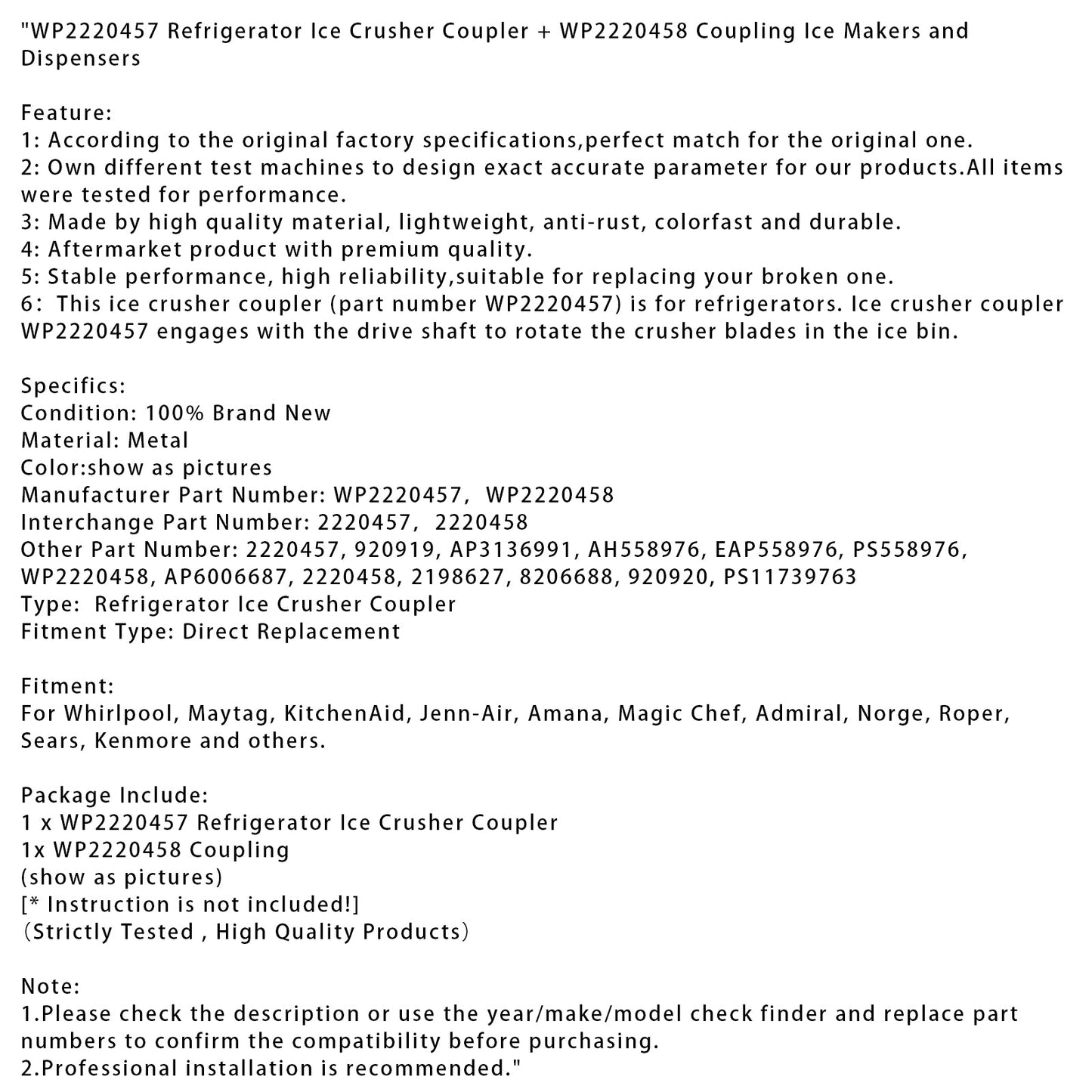 WP2220457 Giunto per tritaghiaccio per frigorifero + Giunto WP2220458