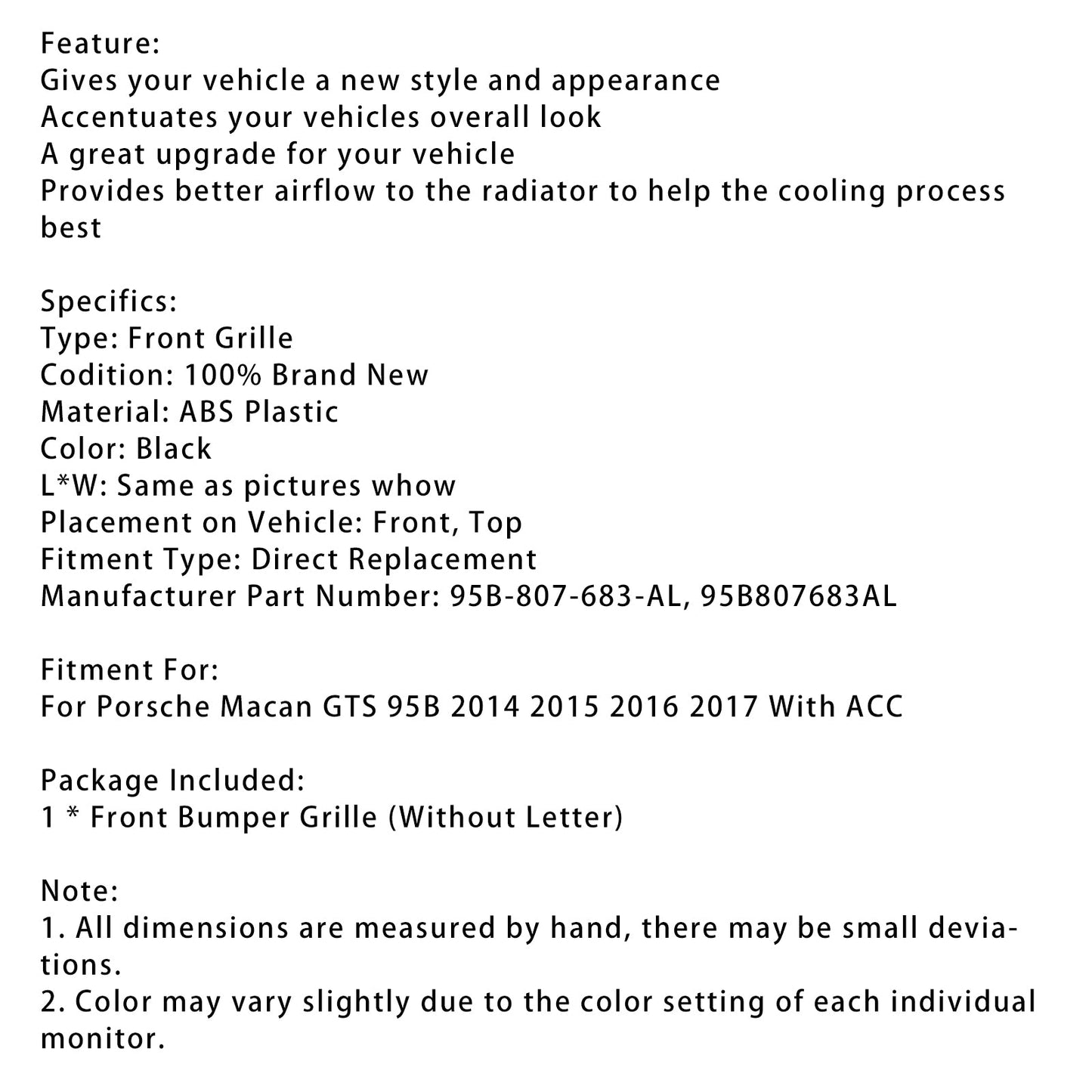 Griglia paraurti anteriore Porsche Macan GTS W/ACC 2014-2017 95B807683AL