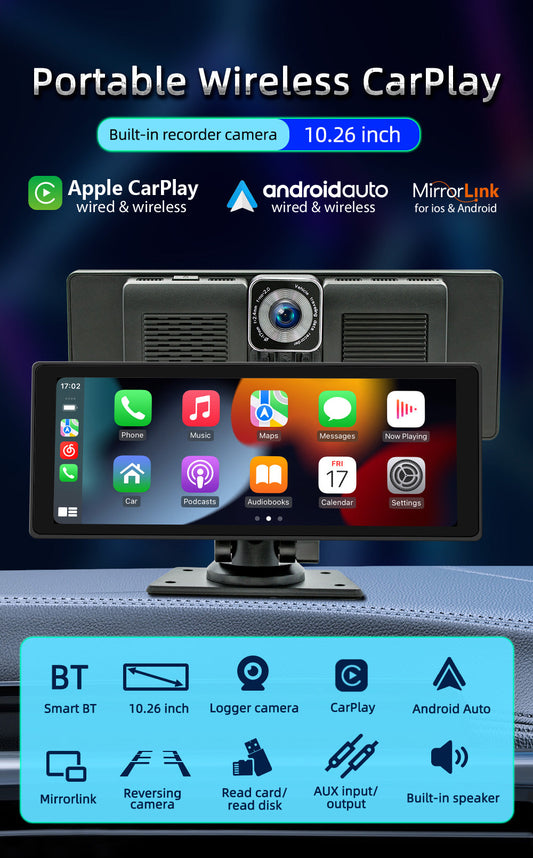 Lettore MP5 per auto con radio FM Bluetooth Carplay wireless da 10,26" e telecamera AHD