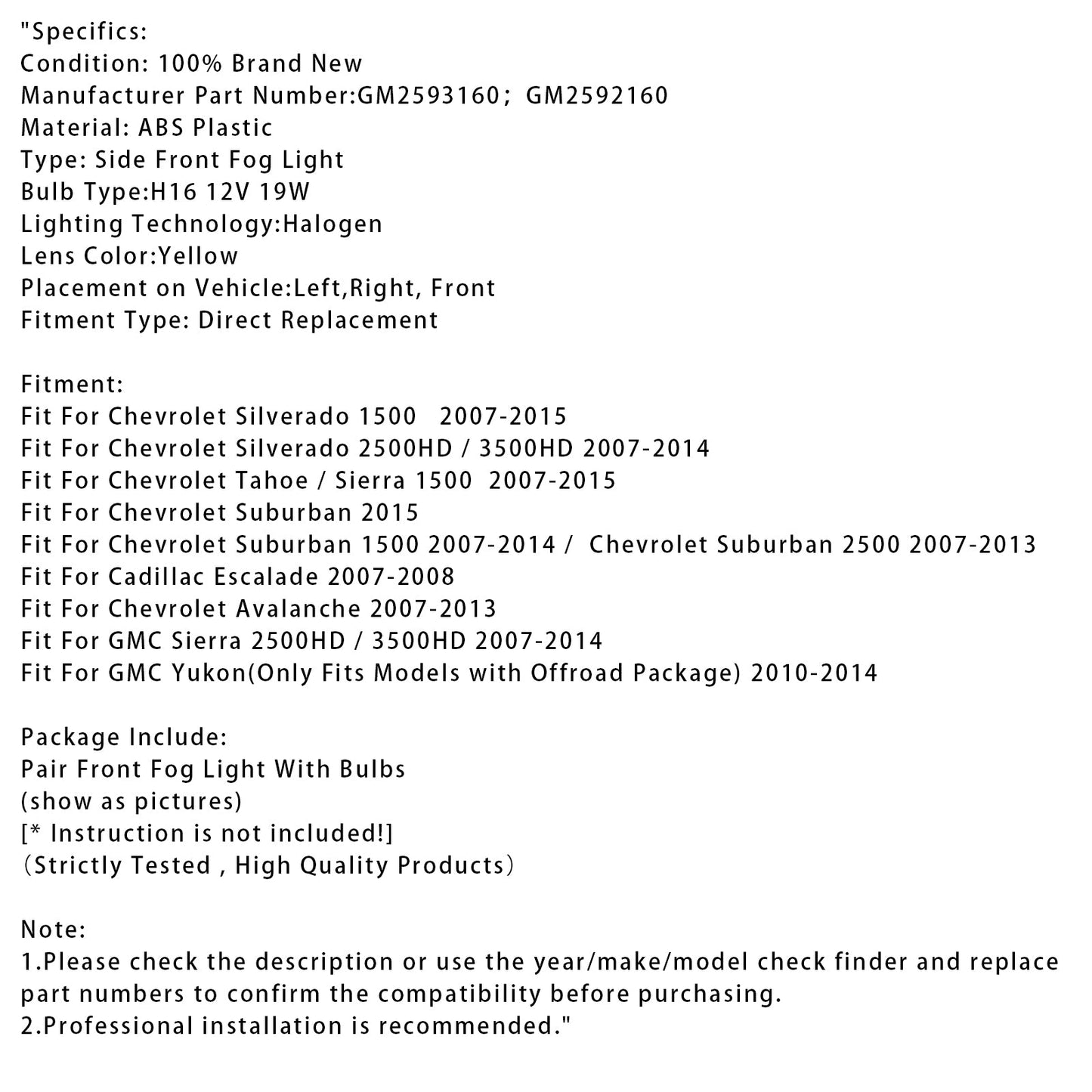 Coppia di fari fendinebbia con lampadine per Chevy Tahoe Sierra 2007-2015, lente gialla