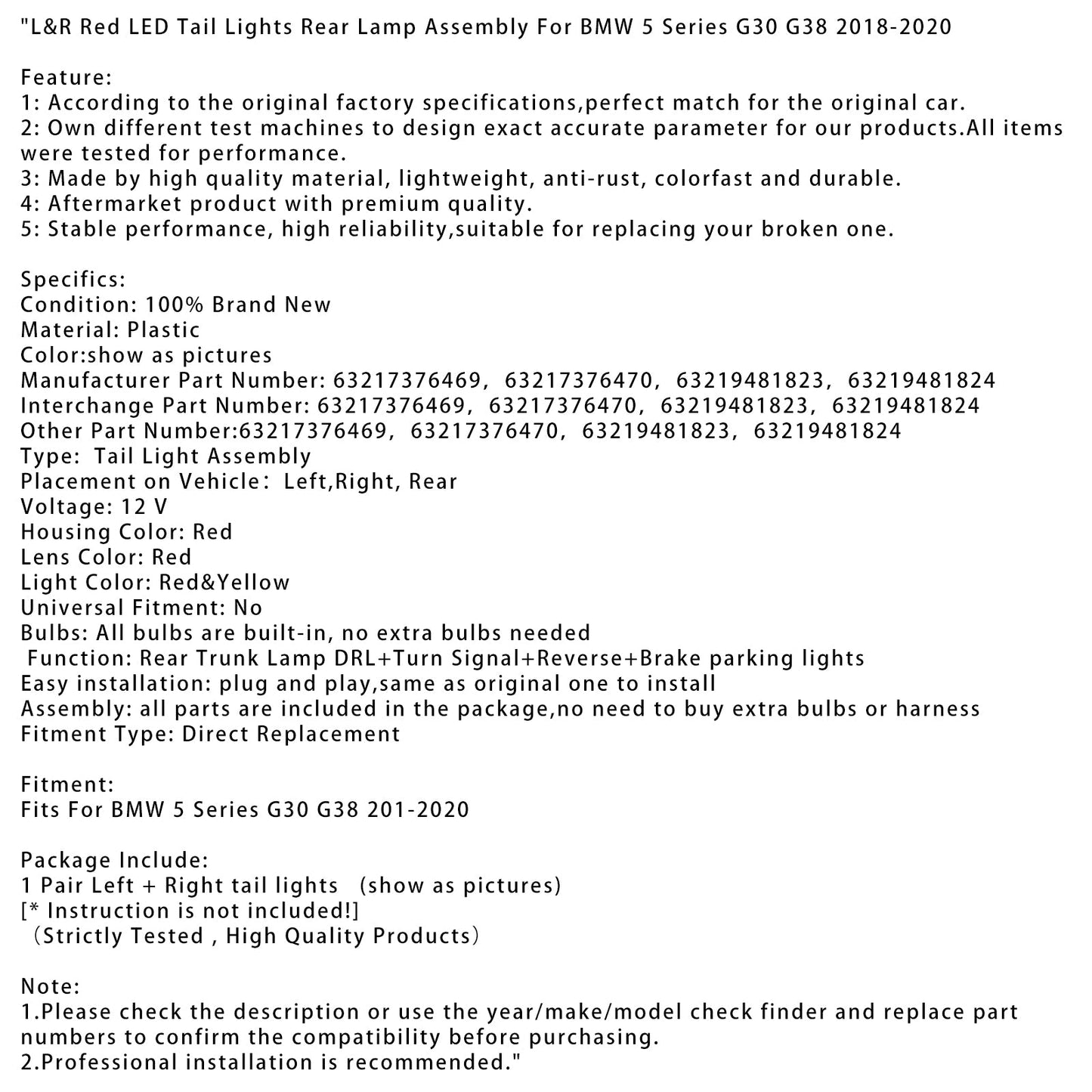 Gruppo ottico posteriore a LED rossi L&R per BMW Serie 5 G30 G38 2018-2020