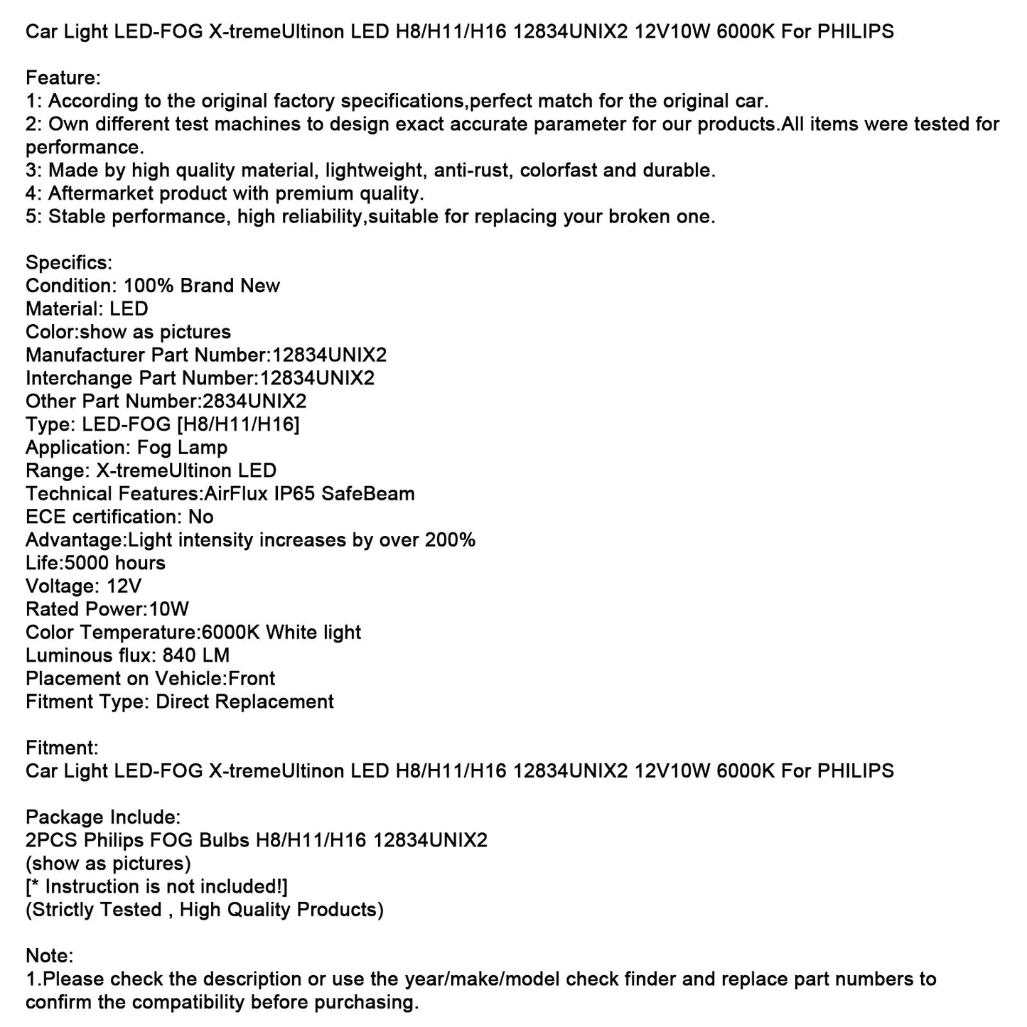 Luce auto LED-FEBBIA X-tremeUltinon LED H8/H11/H16 12834UNIX2 12V10W per PHILIPS