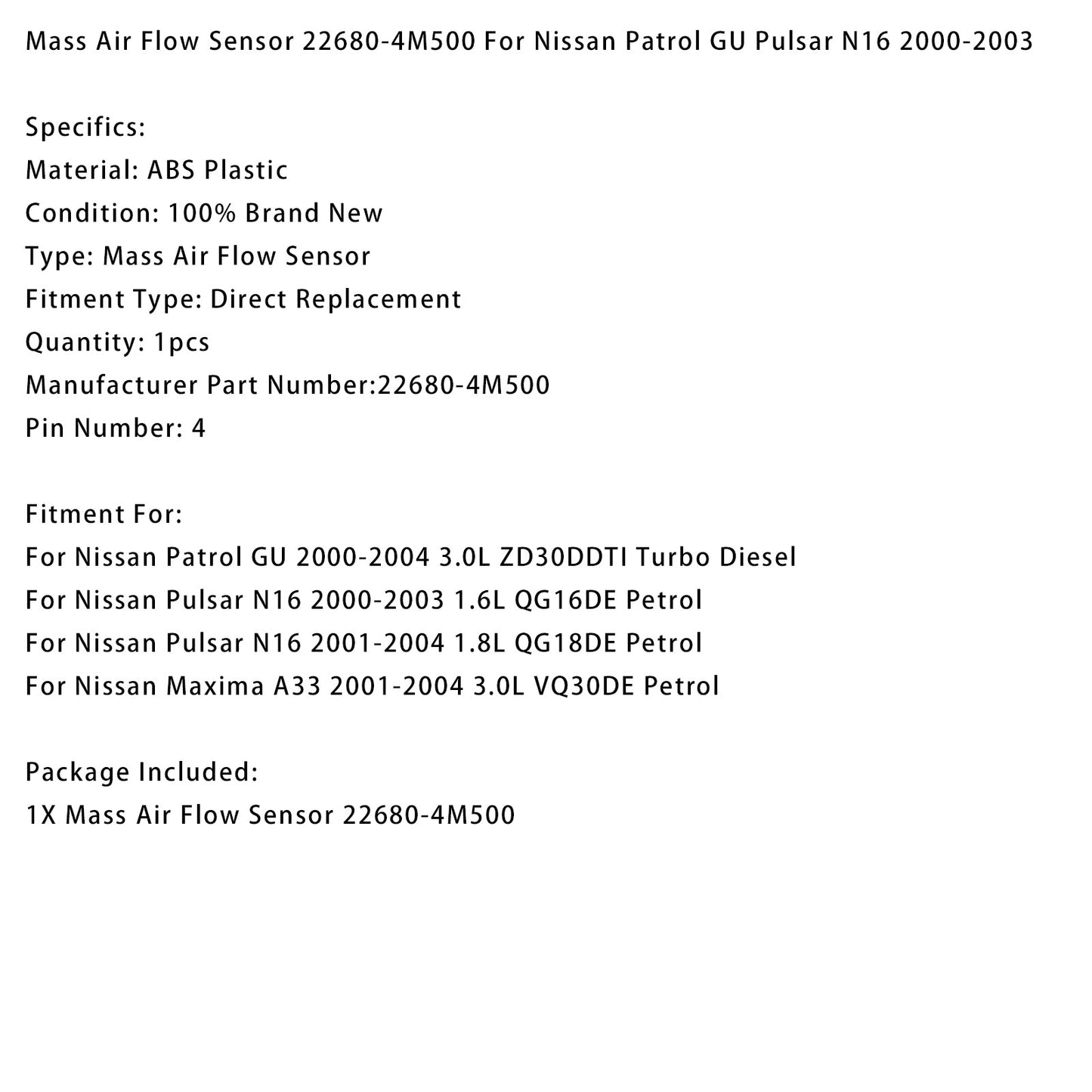 Sensore di flusso d'aria di massa 22680-4M500 per Nissan Patrol GU Pulsar N16 2000-2003