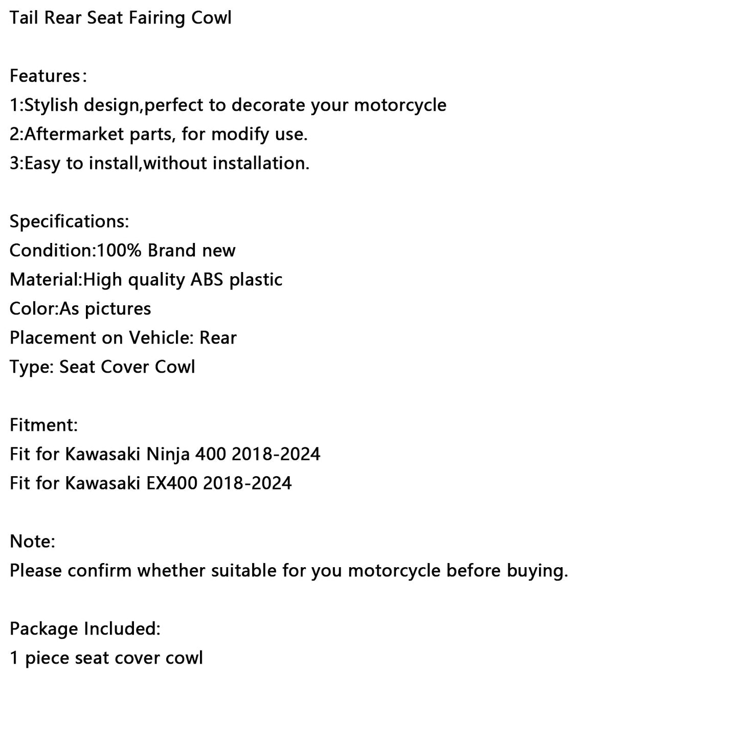 Carenatura posteriore per Kawasaki Ninja 400 EX400 Racing 2018-2024
