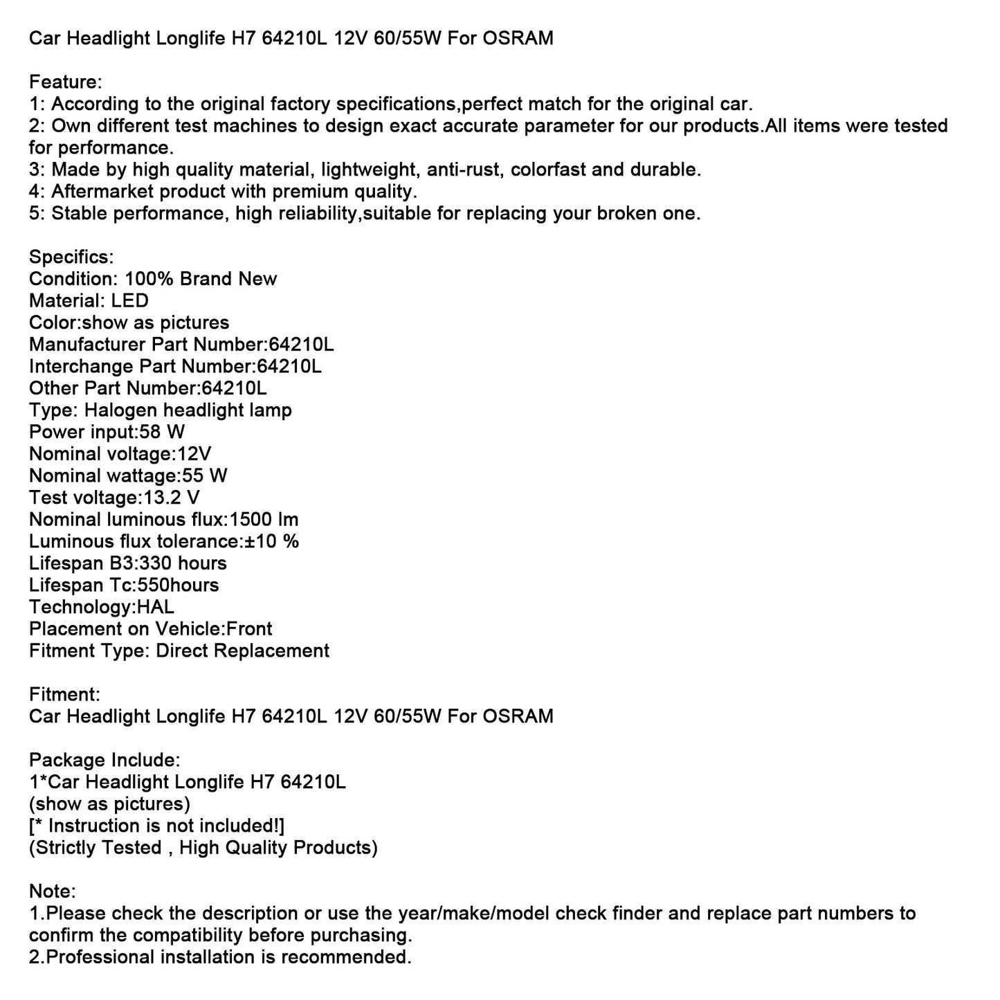 Faro auto Longlife H7 64210L 12V 60/55W per OSRAM