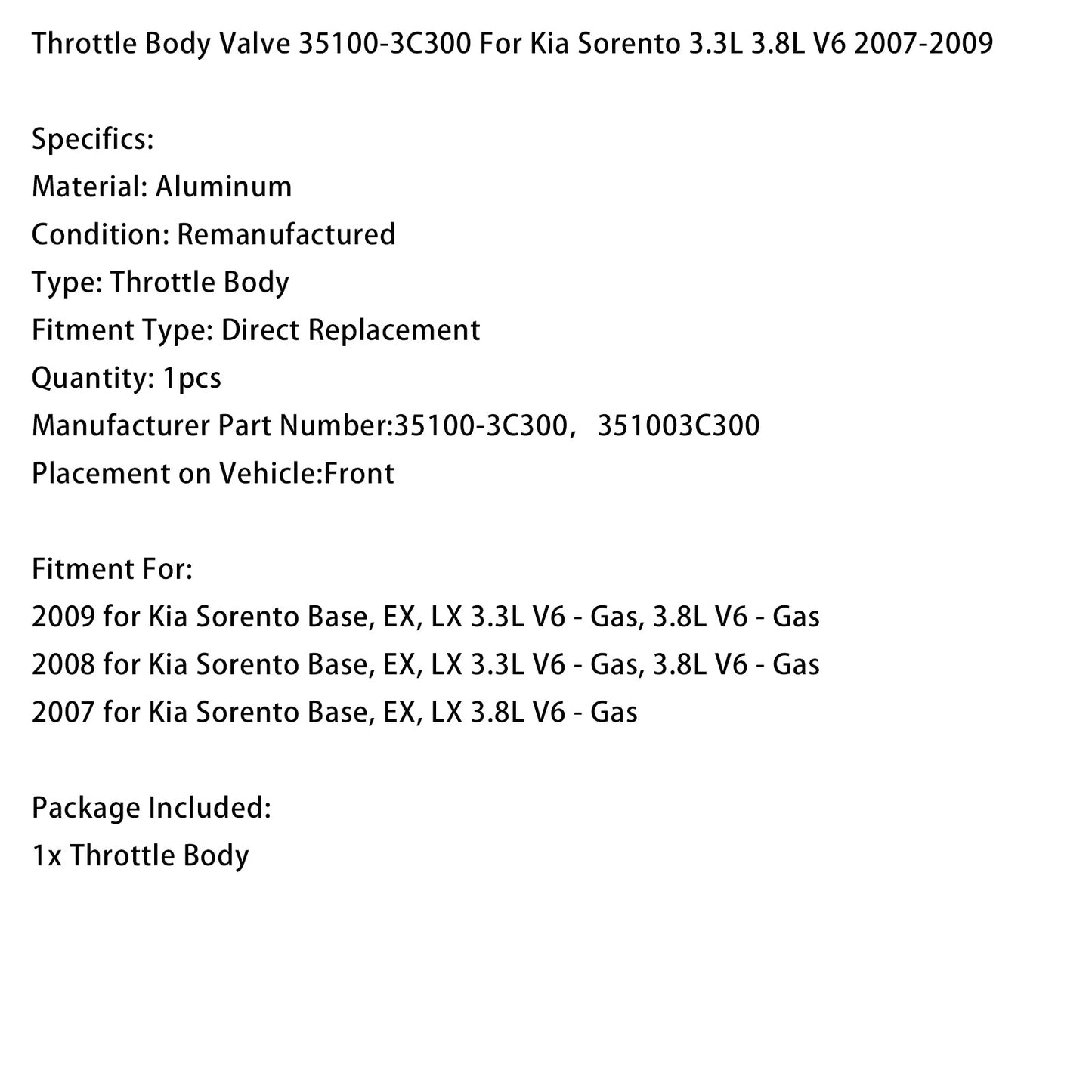 Valvola a farfalla Kia Sorento 3.3L 3.8L V6 2007-2009 35100-3C300