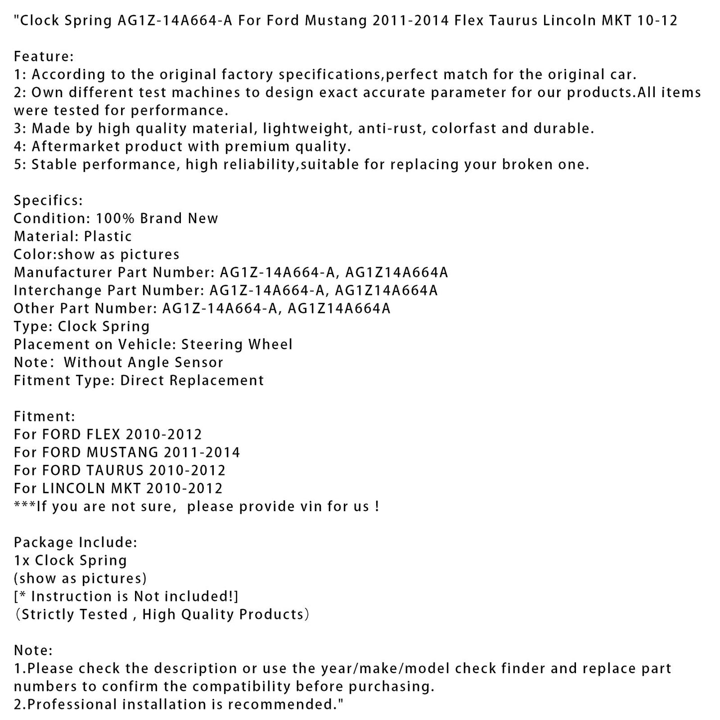 Molla di sospensione AG1Z-14A664-A per Ford Mustang 2011-2014 Flex Taurus Lincoln MKT