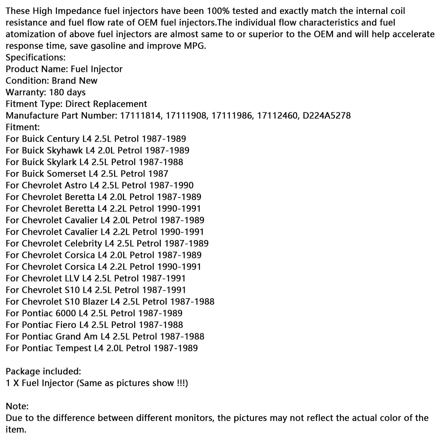 1 pz Iniettore di carburante 17111814 Adatto a Chevy Cavalier Corsica Adatto a Buick Century