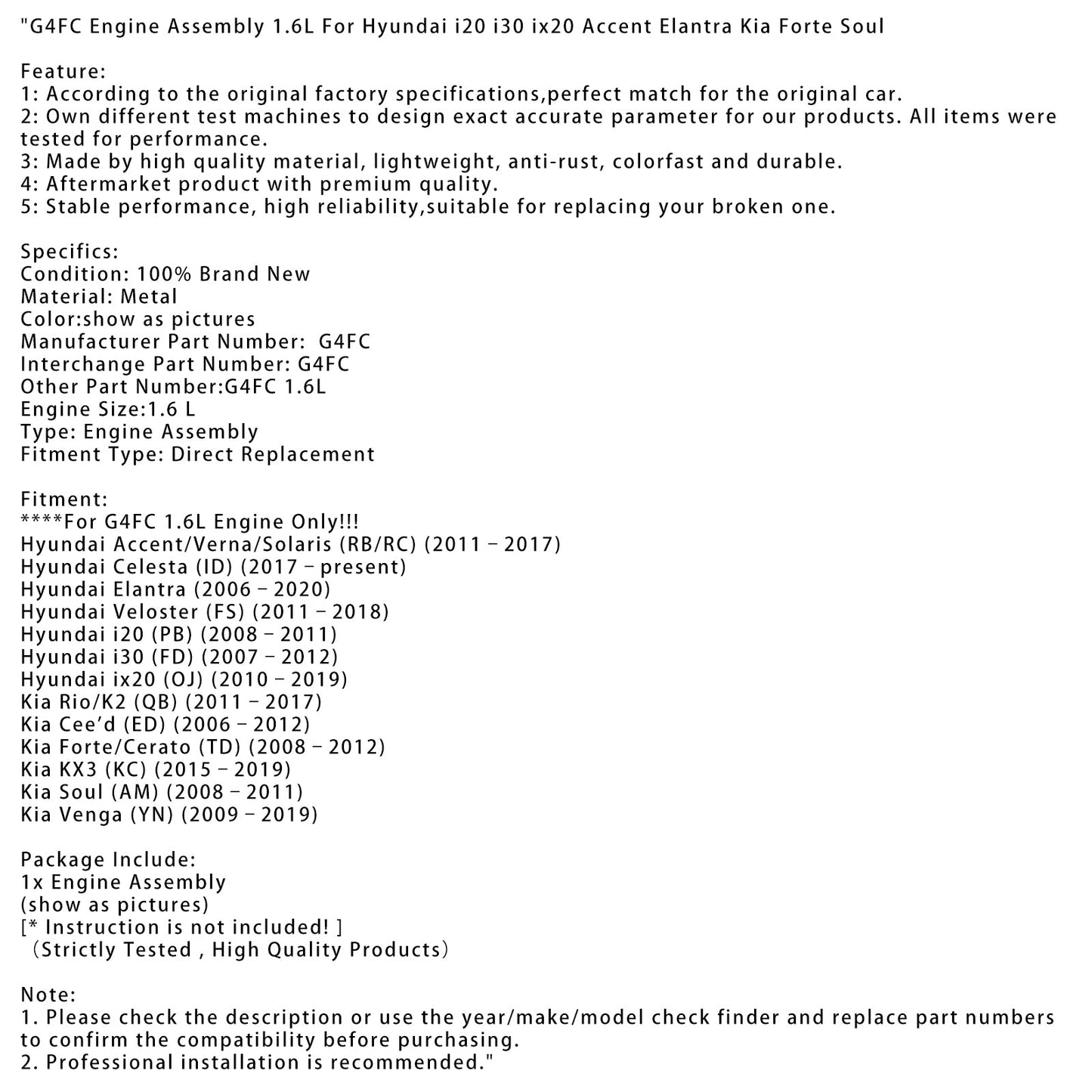 Gruppo motore Hyundai i30 (FD) G4FC 2007–2012 1.6L