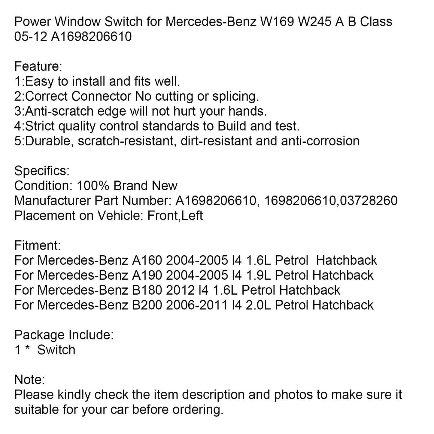 Interruttore alzacristalli elettrico principale per Mercedes-Benz W169 W245 1698206610
