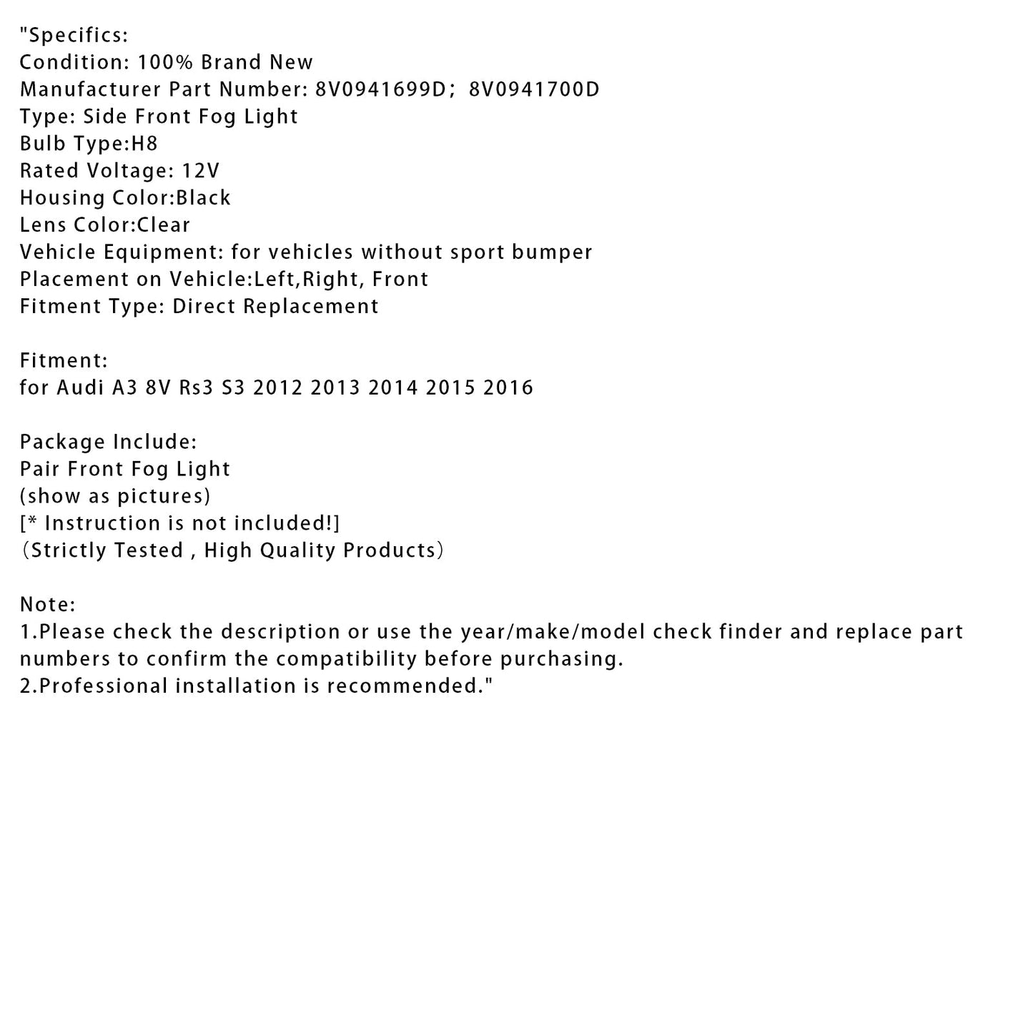 Coppia di fari fendinebbia anteriori destri con lampadine per Audi A3 8V RS3 S3 2012-2016