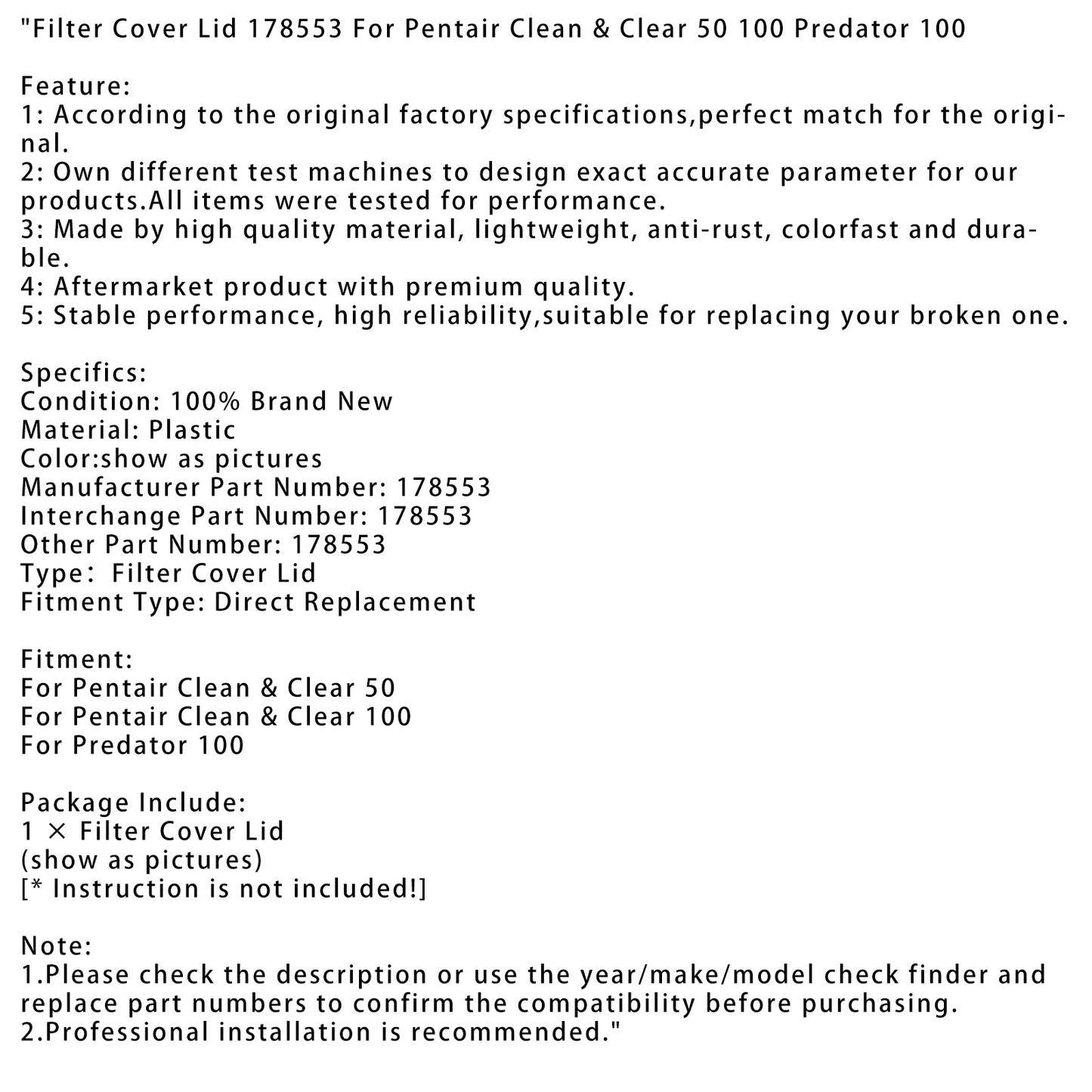 Coperchio del filtro 178553 per Pentair Clean & Clear 50 100 Predator 100
