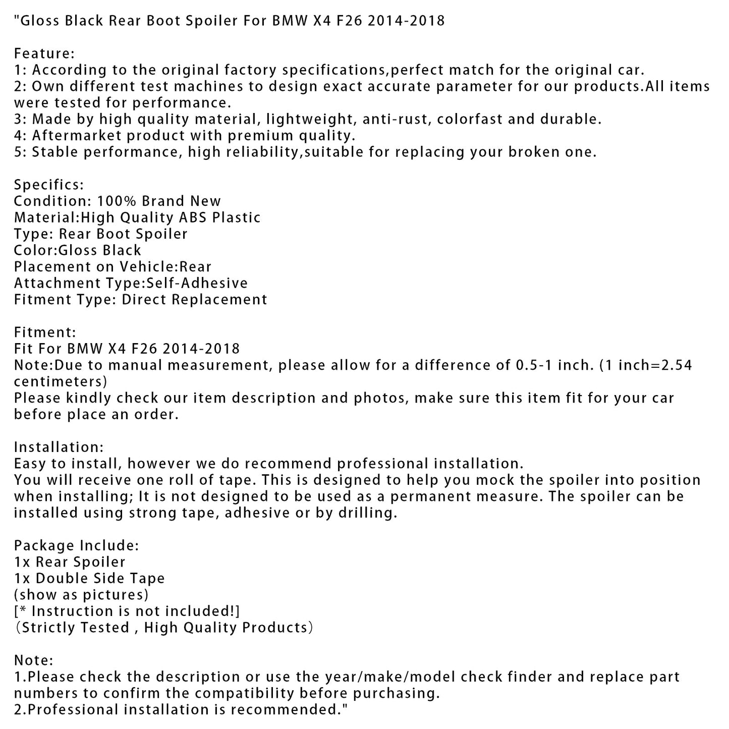 Spoiler posteriore per bagagliaio BMW X4 F26 2014-2018 nero lucido