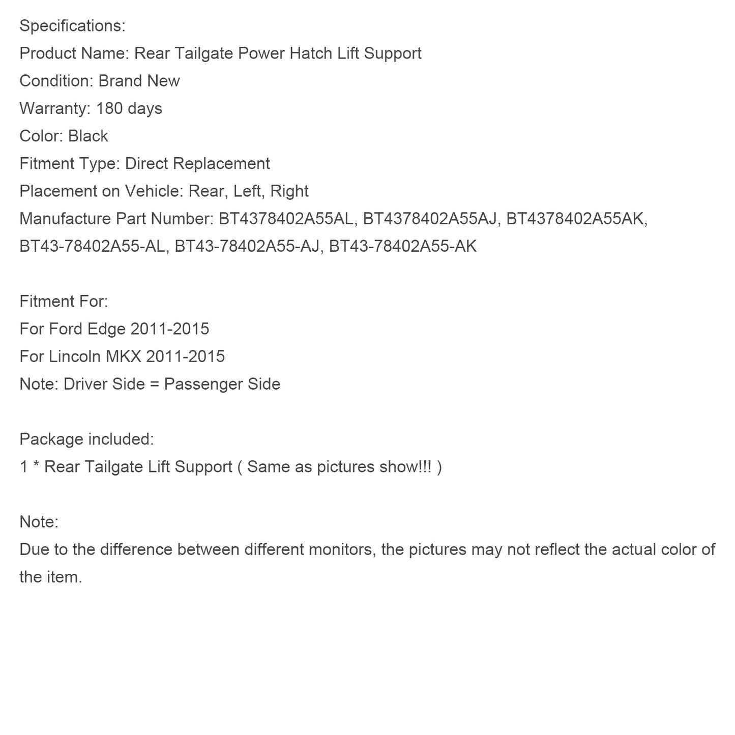 Supporto di sollevamento elettrico per portellone posteriore sinistro o destro Ford Edge 2011-2015 BT4378402A55AL