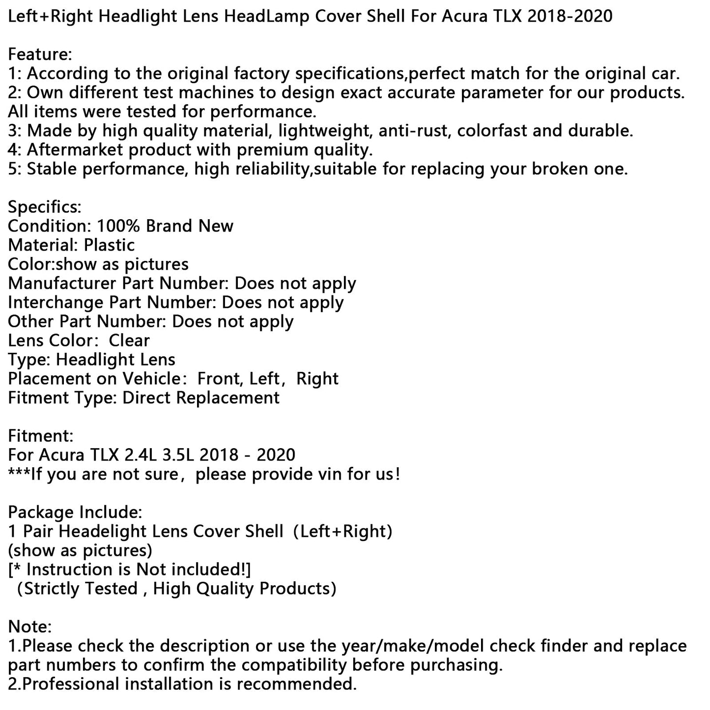 Lente del faro anteriore sinistro e destro Acura TLX 2018-2020