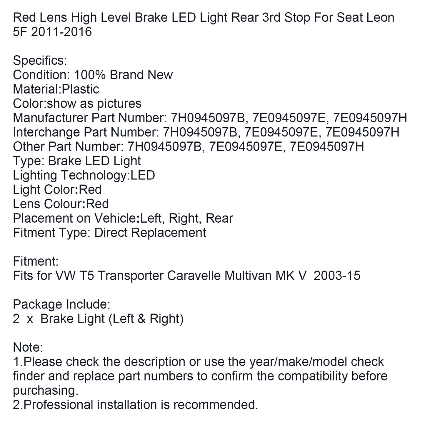 VW T5 Transporter Caravelle Multivan MK V 2003-2015, luce freno posteriore alta rossa, fienile, 4 porte