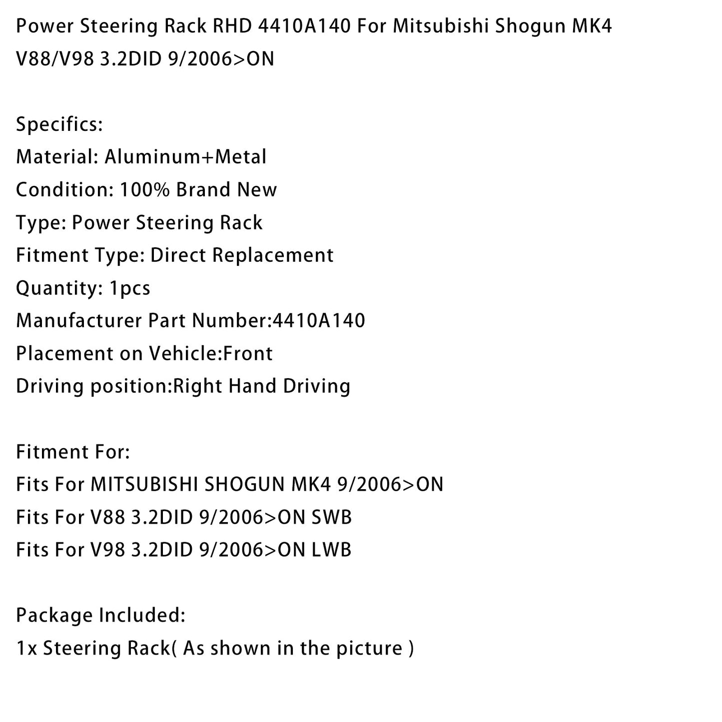 Cremagliera del servosterzo RHD 4410A140 per Mitsubishi Shogun MK4 V88/V98 3.2DID 9/2006>ON
