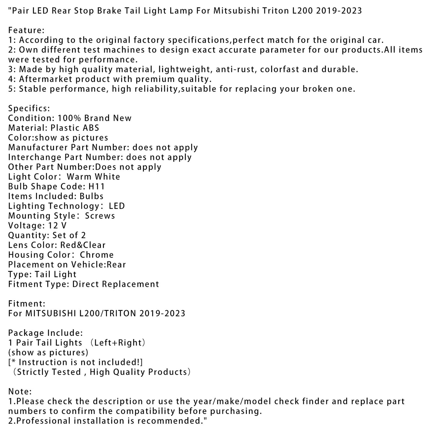 Mitsubishi Triton L200 2019-2023 Coppia di luci posteriori a LED per stop e freni