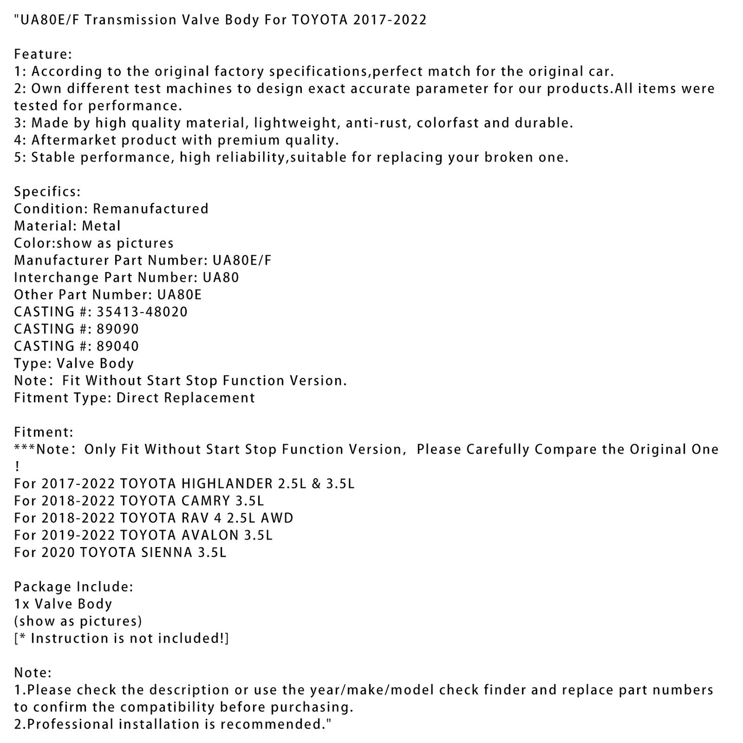 Corpo valvola di trasmissione UA80E/F per TOYOTA 2017-2022