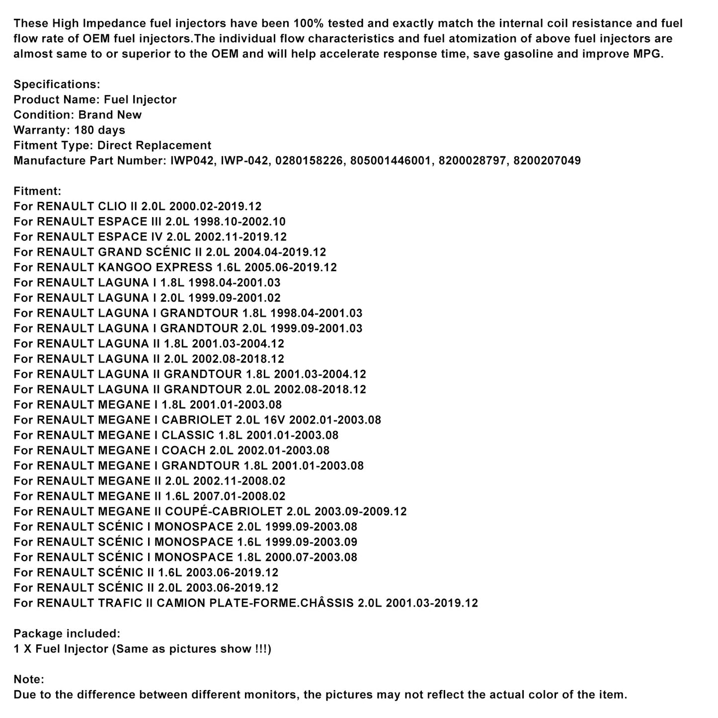 Iniettore carburante 4 pezzi IWP042 per Renault Clio Espace Kangoo Laguna Megane