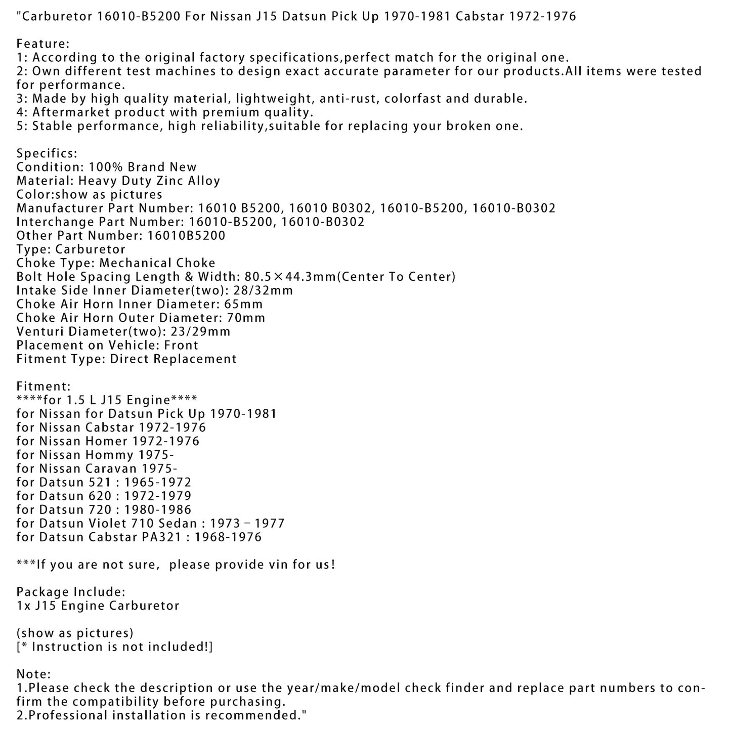 Carburatore 16010-B5200 per Nissan J15 Datsun Pick Up 1970-1981 Cabstar 1972-1976