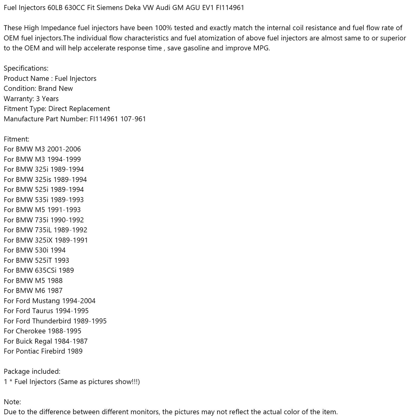 1pcs Fuel Injectors 60LB 630cc per Siemens Deka VW Audi GM AGU EV1 FI114961