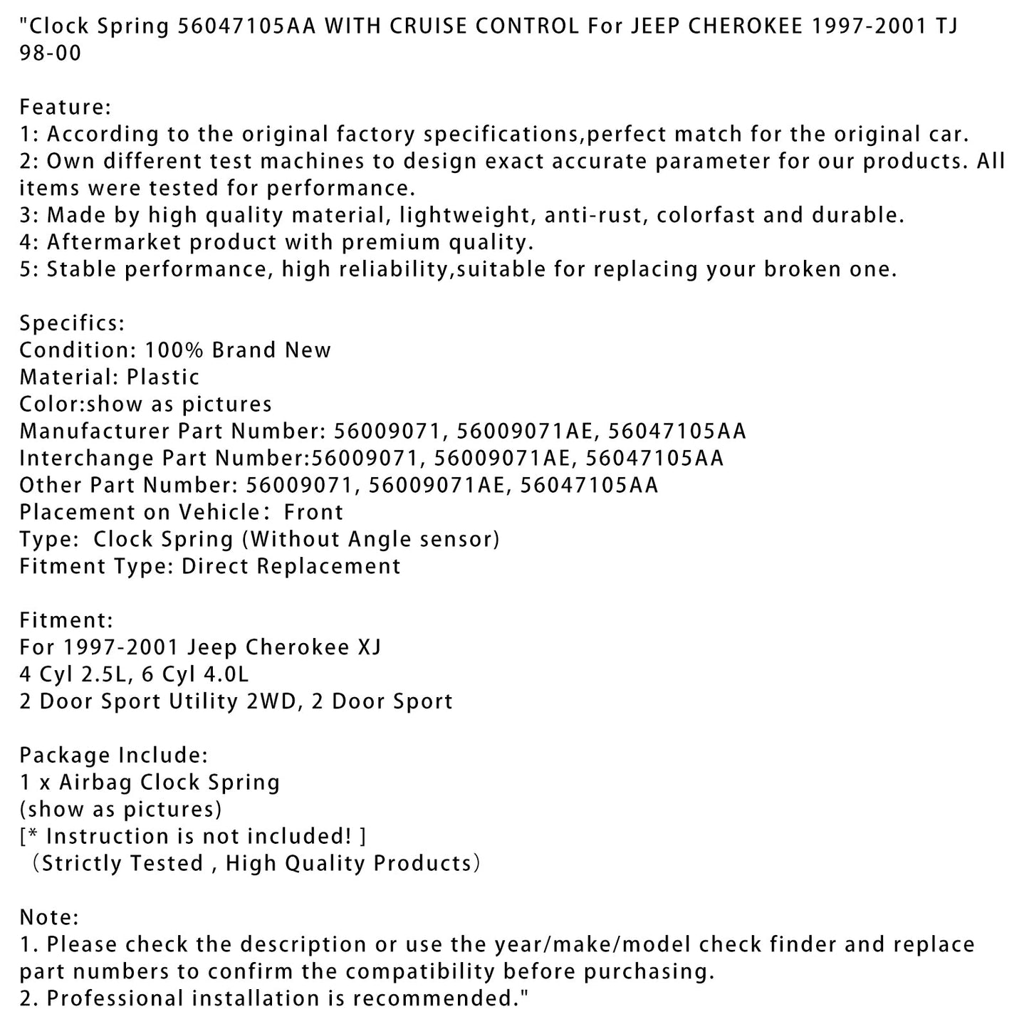 Molla dell'orologio 56047105AA CON CONTROLLO DELLA VELOCITÀ DI CROCIERA Per JEEP CHEROKEE 1997-2001 TJ 98-00