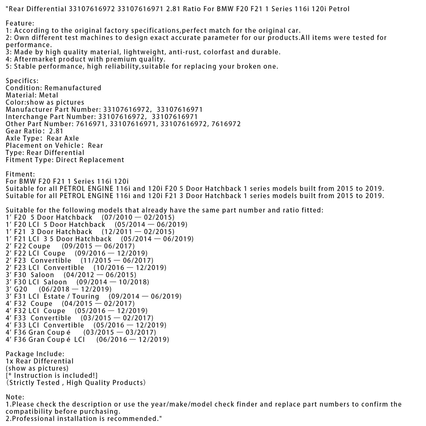 04/2012-06/2015 BMW Serie 1 F30 Berlina Differenziale posteriore 33107616972 33107616971 Rapporto 2,81