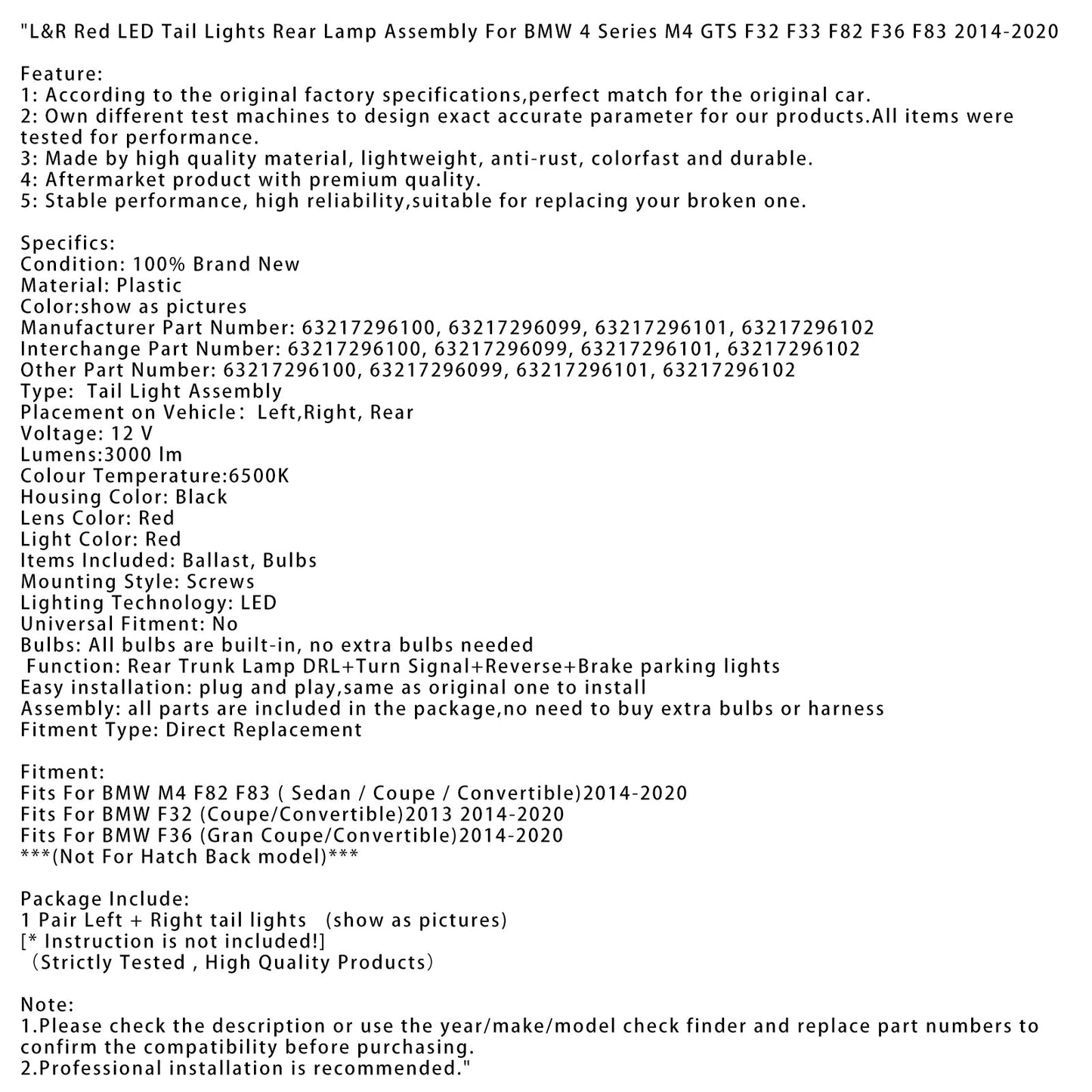 BMW F36 (Gran Coupé/Convertibile) 2014-2020, gruppo ottico posteriore a LED rossi L&R 63217296100 63217296099