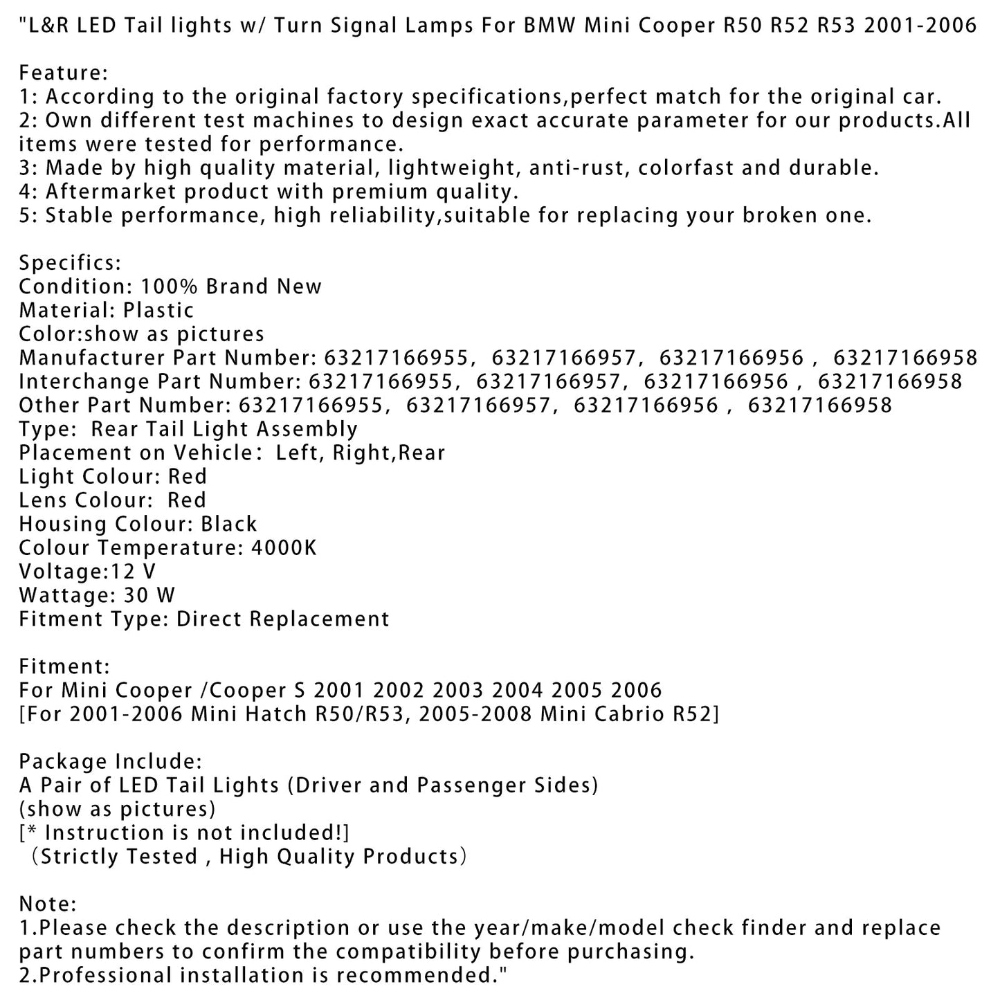 Fanali posteriori a LED con indicatori di direzione per BMW Mini Cooper R50 R52 R53 L&R del 2001, 2002, 2003, 2004, 2005 e 2006