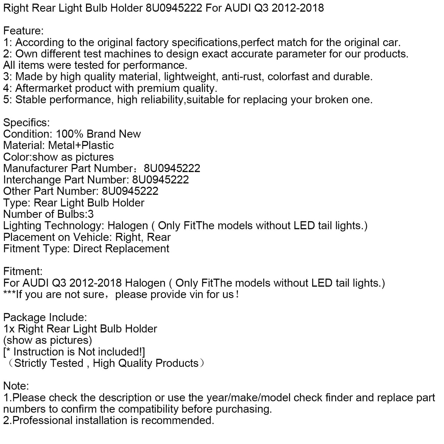 Supporto lampadina luce posteriore destra AUDI Q3 2012-2018 8U0945222