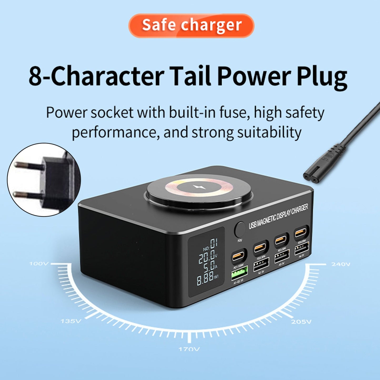 Caricabatterie rapido da 140 W con display digitale intelligente PD100W per telefoni cellulari e notebook, caricabatterie multiporta USB magnetico con ricarica wireless, spina UE