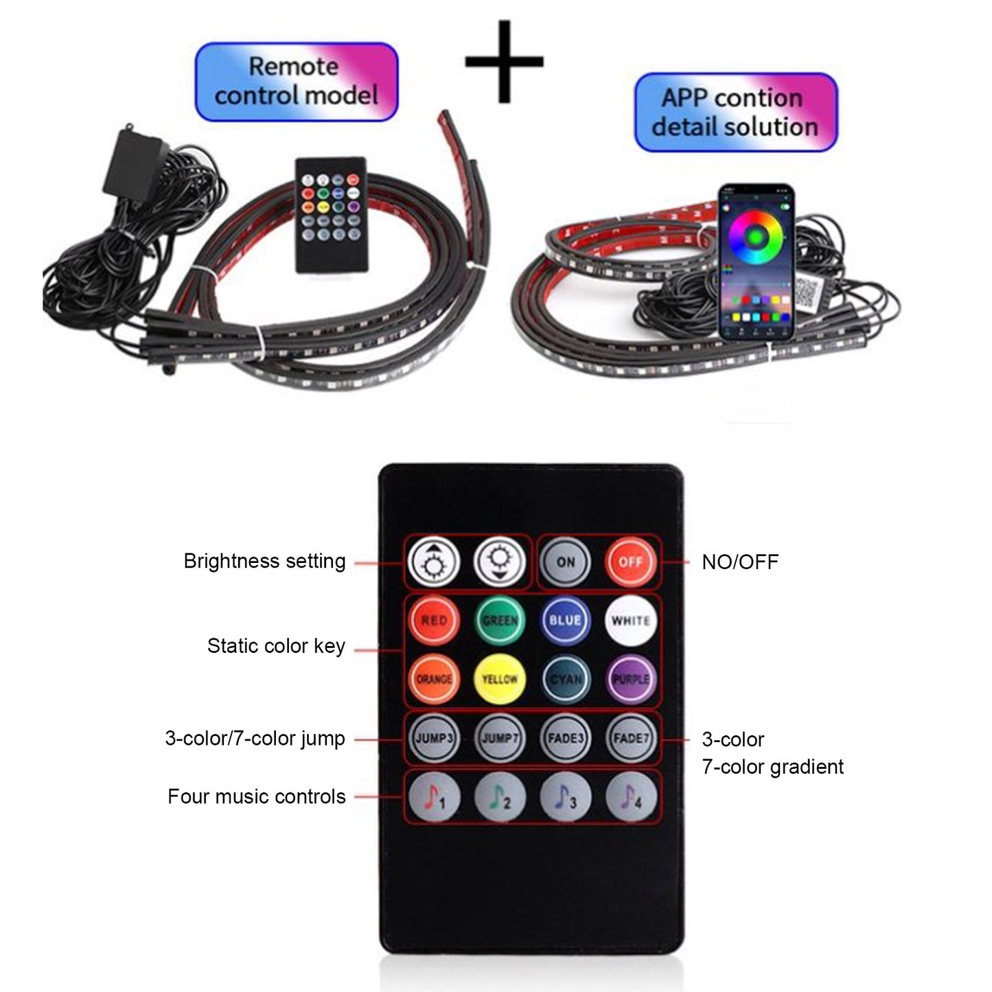 4 pezzi di luce LED per telaio modificata con luce ambientale fantasy APP + telecomando 90*2+120*2
