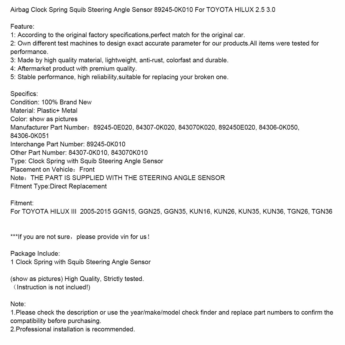 Sensore dell"angolo di sterzata a molla squib dell"orologio dell"airbag 89245-0K010 per HILUX 2.5 3.0