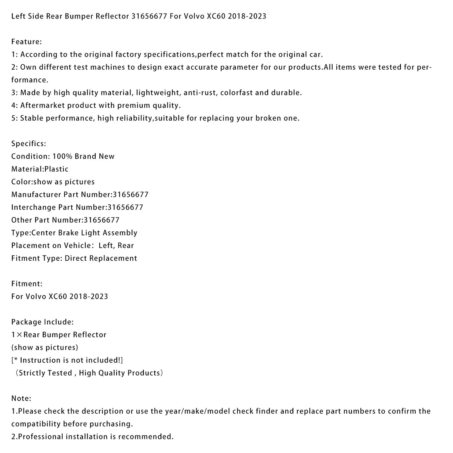 Riflettore paraurti posteriore sinistro Volvo XC60 2018-2023 31656677