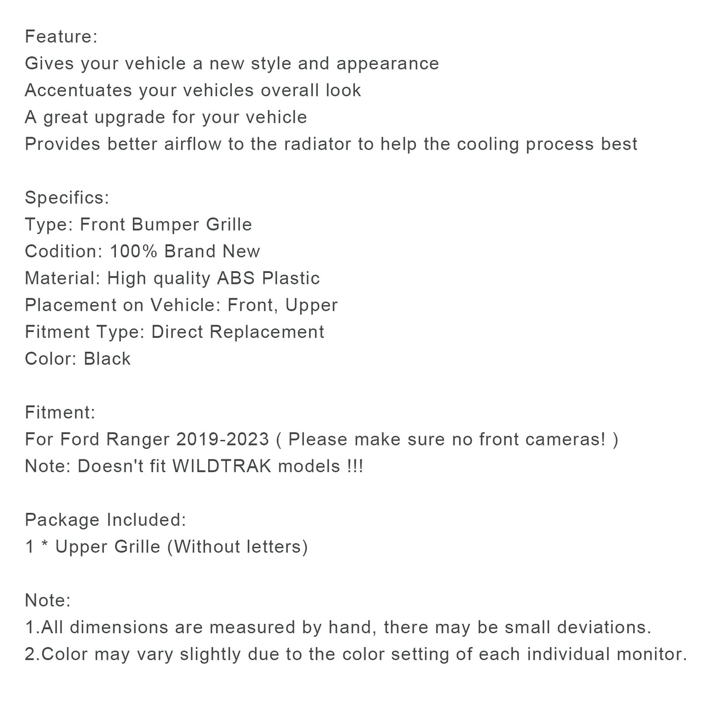 Griglia paraurti anteriore Ford Ranger T8 2019-2023 nera
