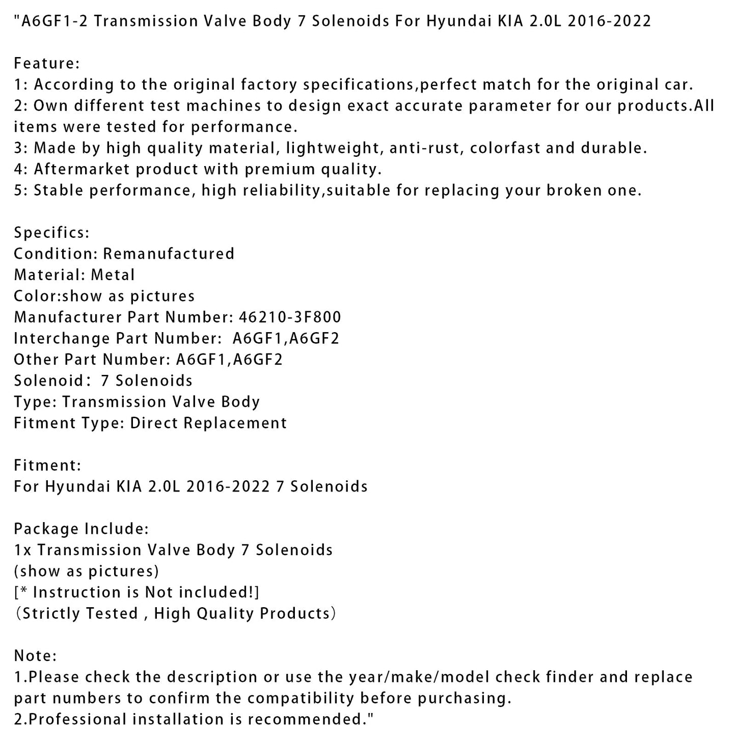 Corpo valvola di trasmissione Hyundai KIA 2.0L A6GF1-2 7 solenoidi 2016-2022