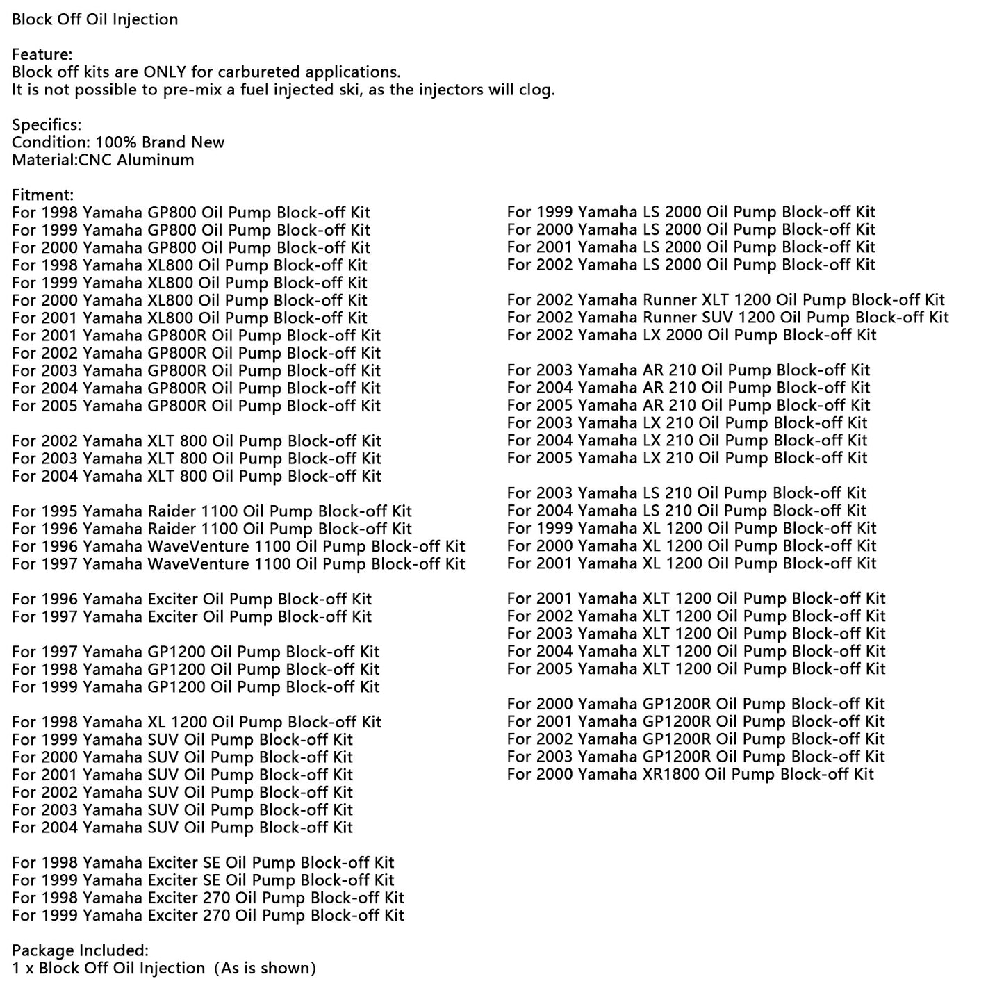 Kit di blocco pompa olio Yamaha GP1200R 2000-2003 Pompa iniezione olio