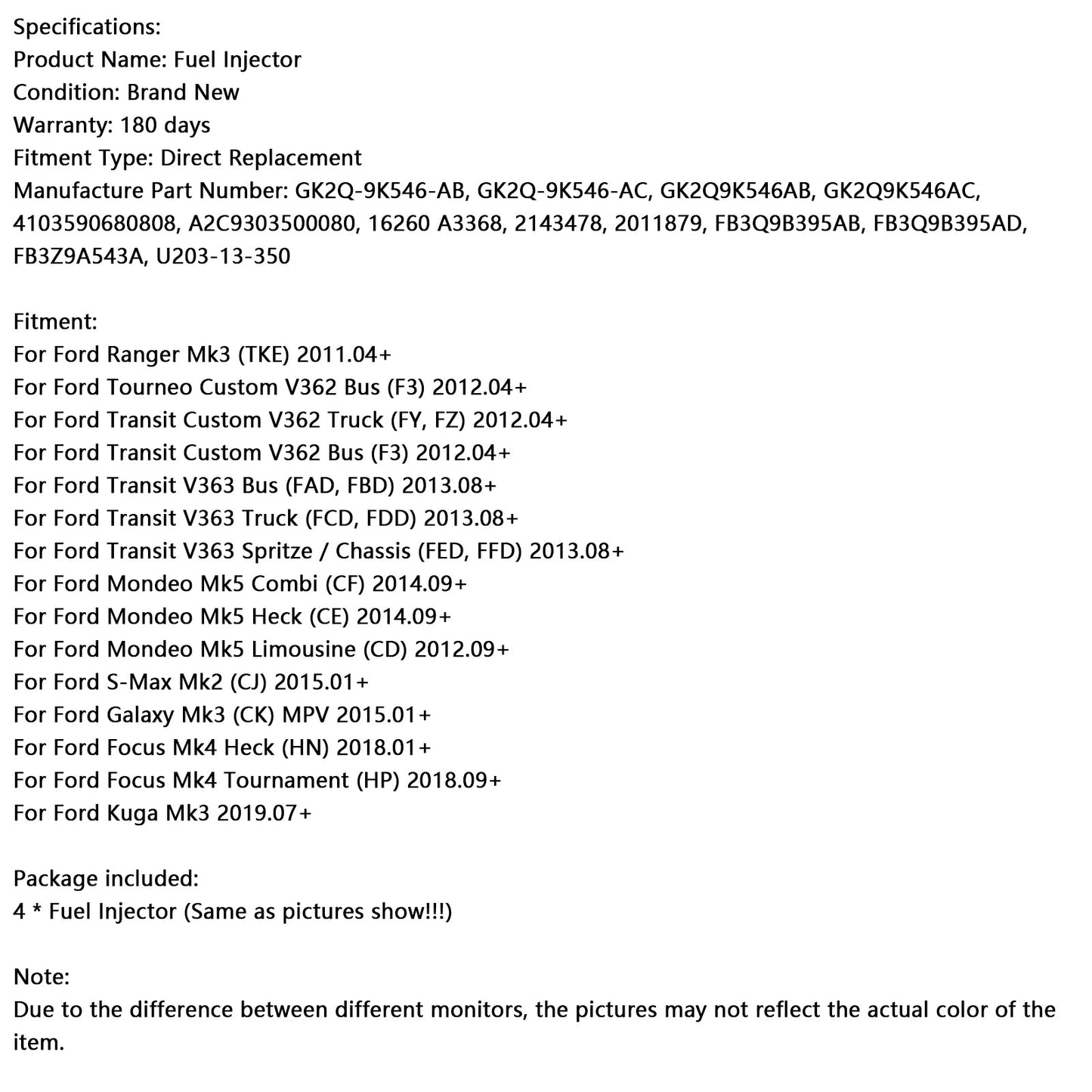 2012.04+ Ford Transit Custom V362 Bus (F3) 4 pezzi Iniettore carburante GK2Q-9K546-AC 4103590680808 GK2Q9K546AB