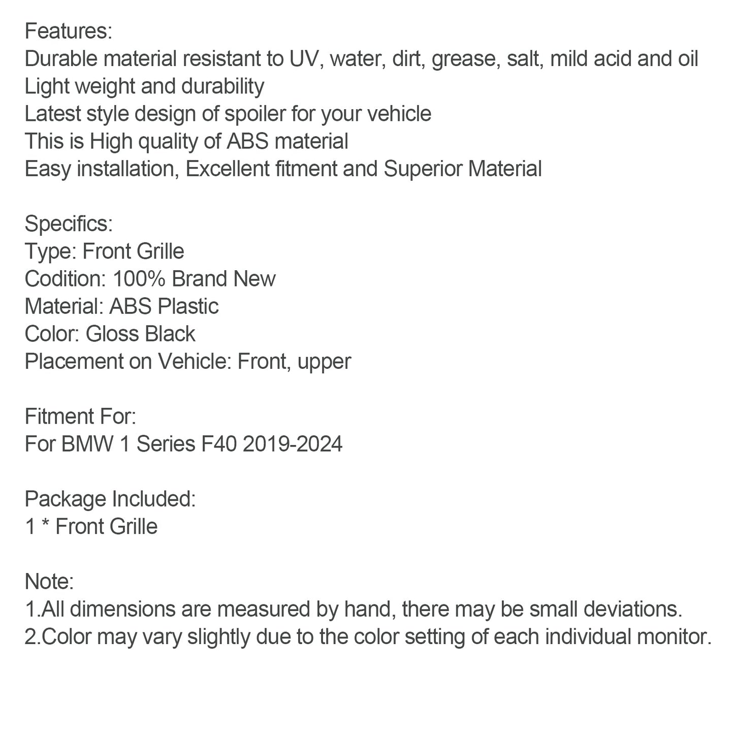 2019-2024 BMW Serie 1 F40 Griglia a rene anteriore Gloss Black Diamond