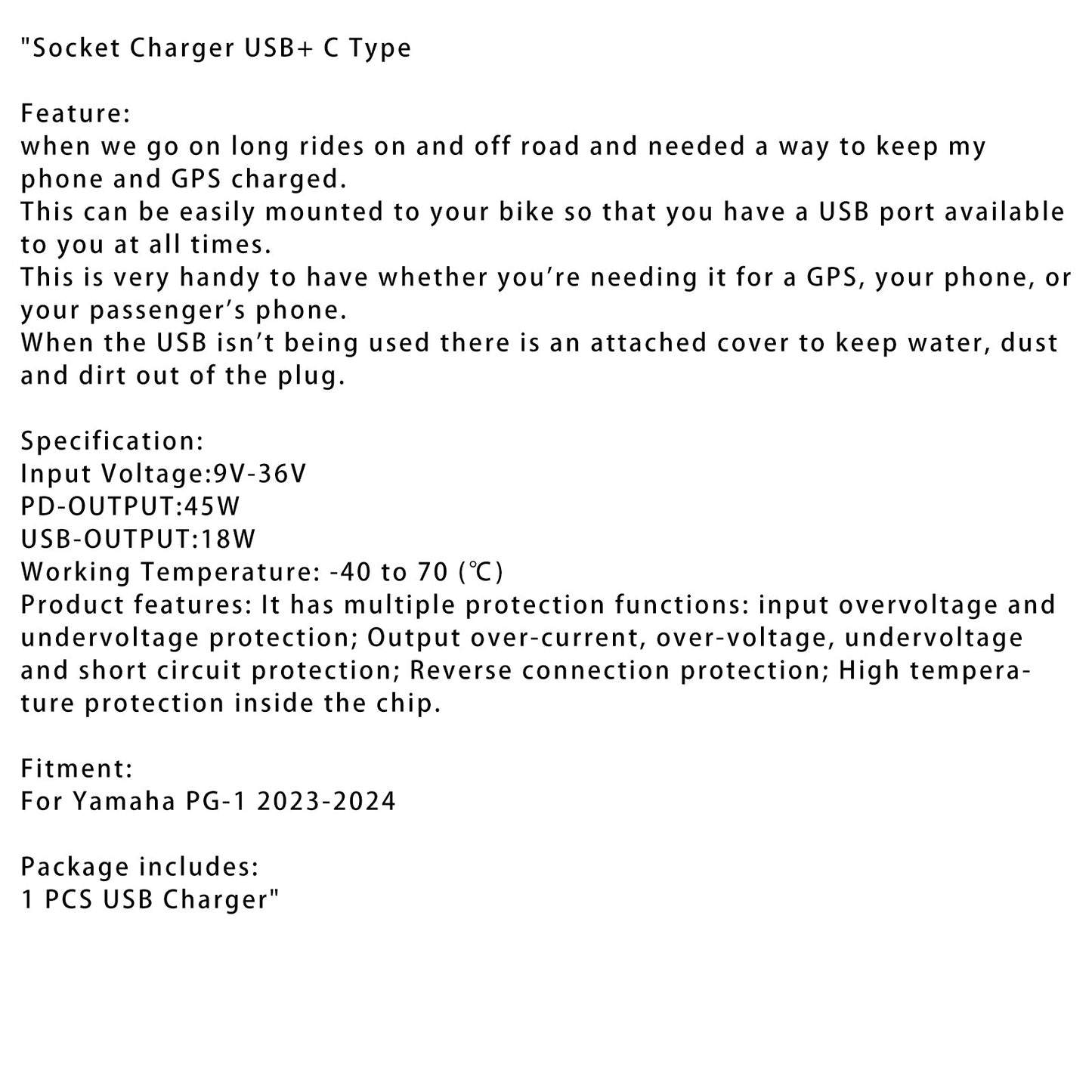 Caricabatterie Yamaha PG-1 12V con presa USB+C tipo rapido 2023-2024